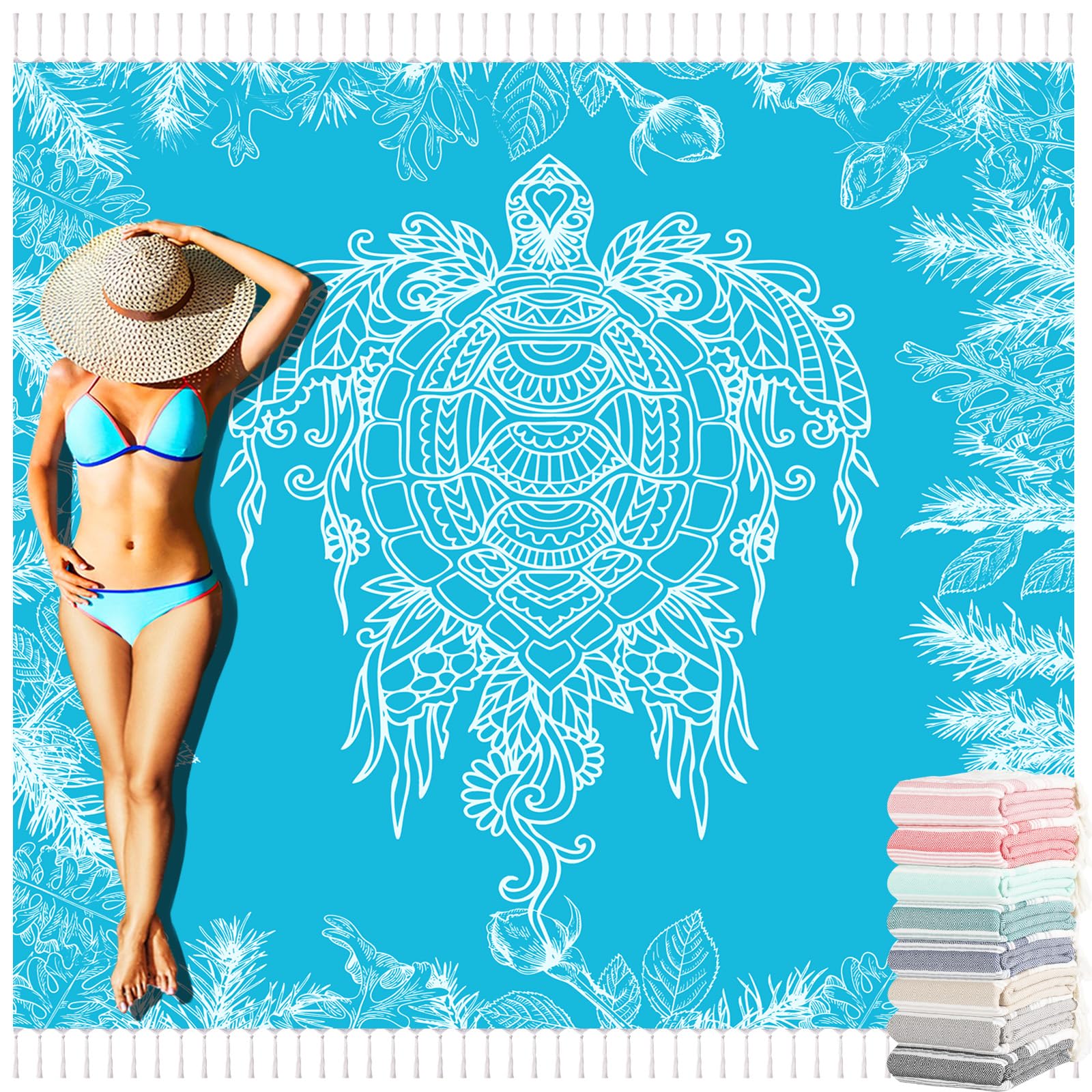 Yongoes Turkish Beach Towel Blanket Oversized 71x79 Blue Teal Turtle
