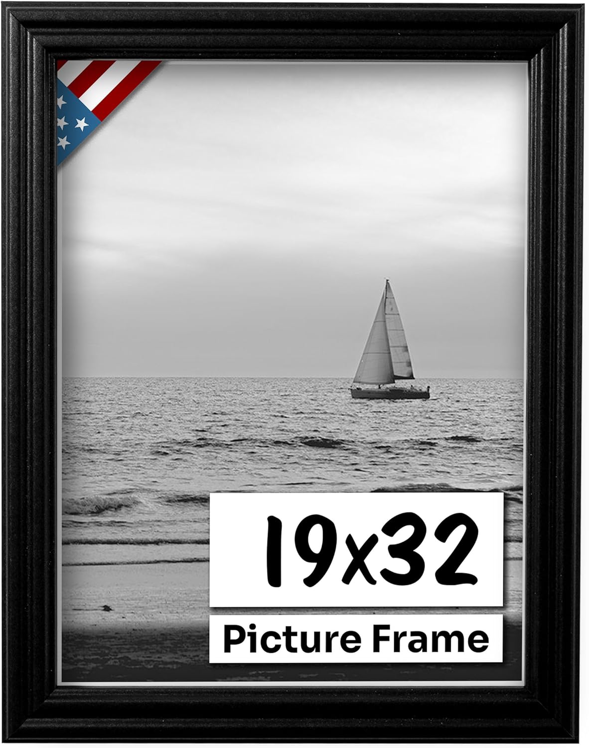 Black 19x32 Picture Frame .75" Inch Wide - Black Wall Decor Handmade Solid Wood Frames with Preinstalled Hangers and UV Blocking Plexiglass 32x19 Frame