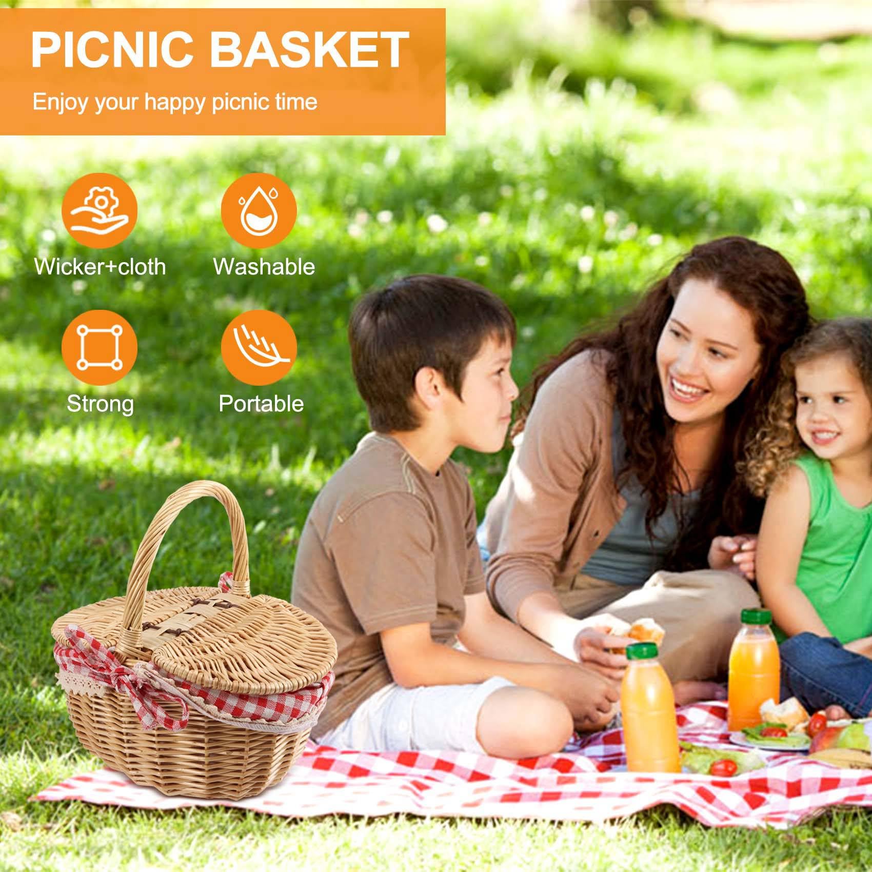 10X Panier de Panier de Pique-Nique en Osier de Style Campagnard avec Couvercle et Poignée et Doublures pour Pique-Niques, Fêtes et Barbecues