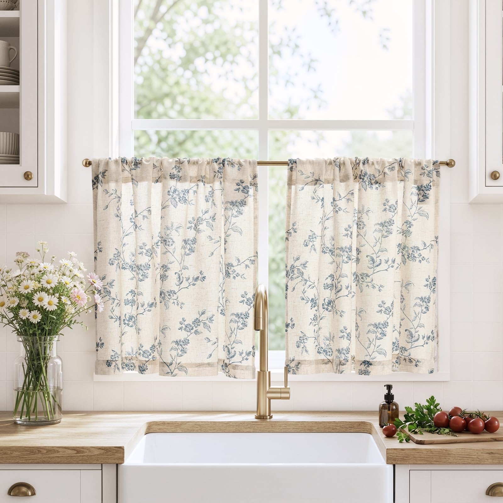 TOPICK Kitchen Curtains 24 Inch Drop, Linen Look Blue Floral Small Cafe Curtains, Rod Pocket Light Filtering Curtain Tiers for Cupboard Base, Sink, Basement, Bistro, W36 x L24 Inch