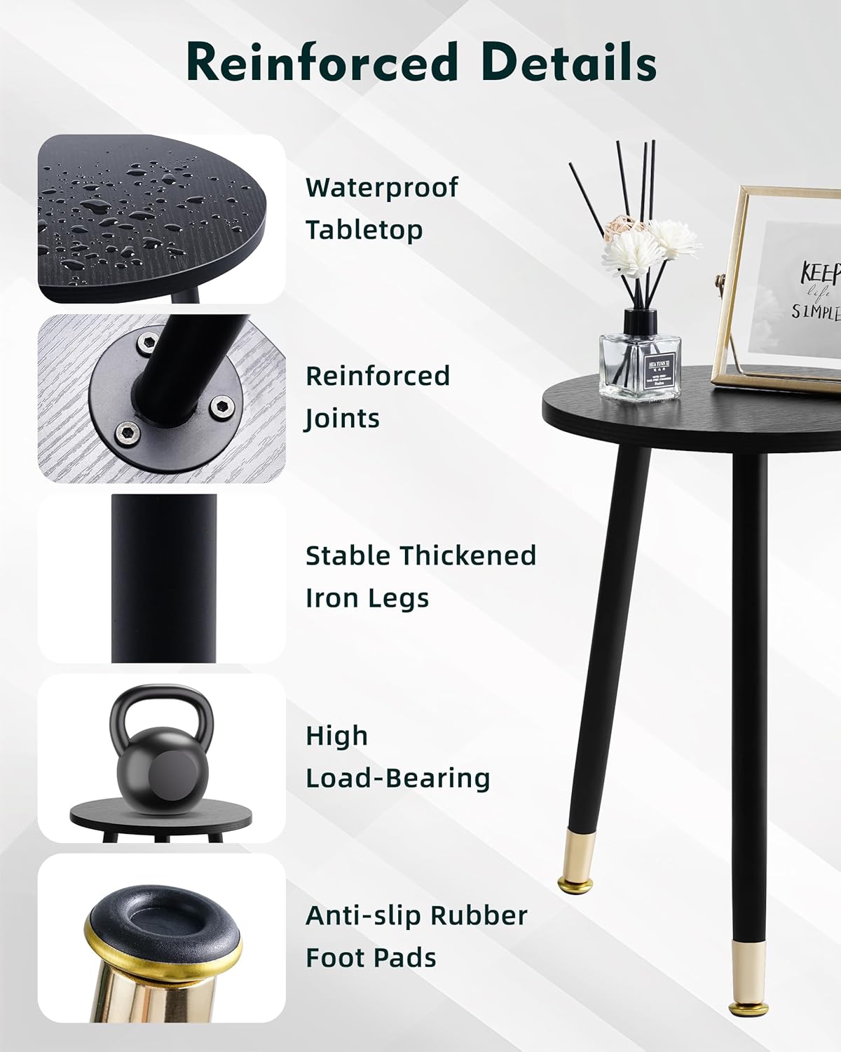16 Inch Round Wood Black End Table, Small Stable Side Table for Nightstand Living Room Bedroom Sofa Couch Corner, Heavy Duty Indoor Accent Wooden Plant Stand Stool with 3 Metal Legs and Gold Foot Mat