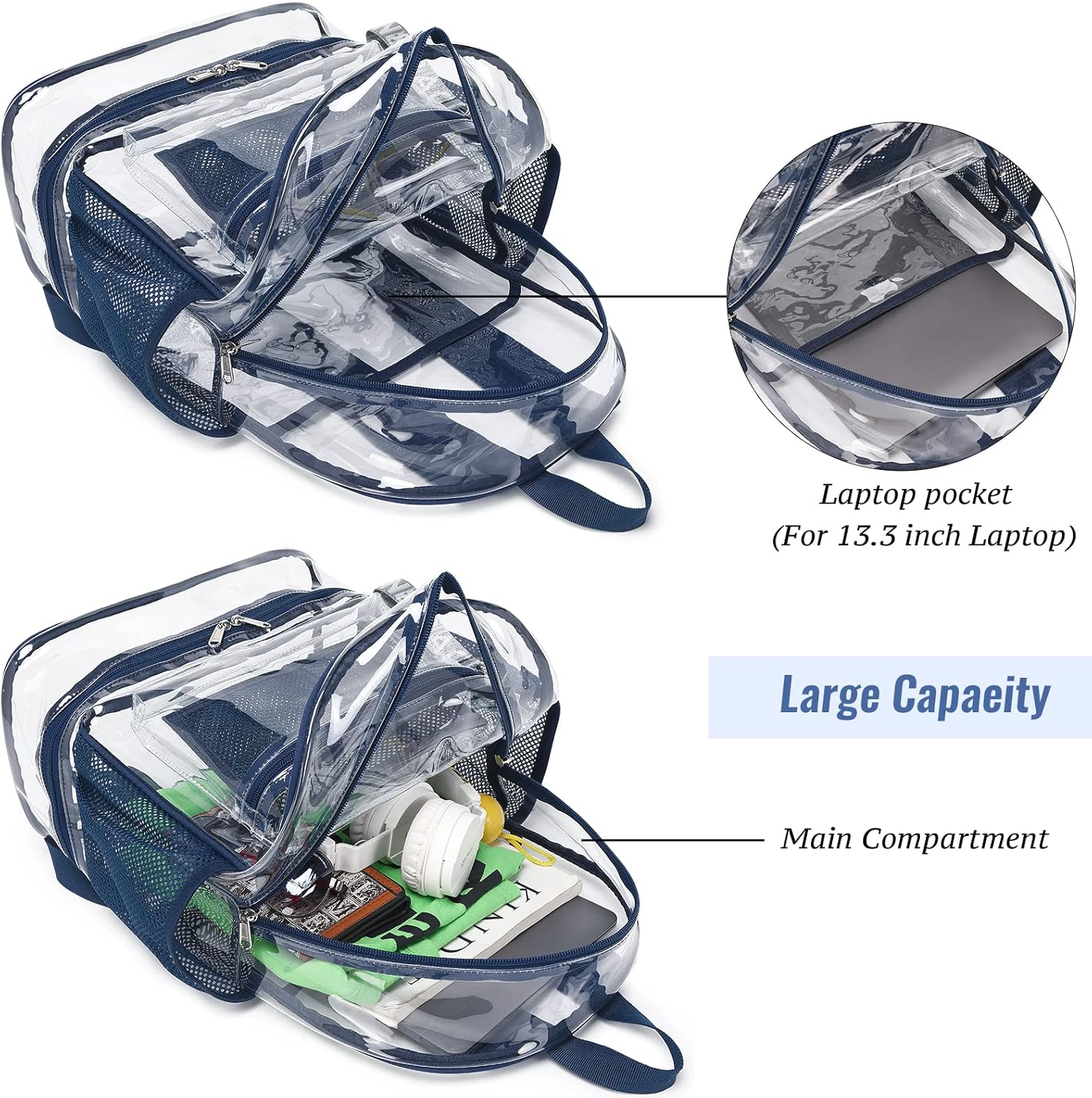 mygreen Clear Backpack with Bottom Compartment for Lunch Box or Shoes, 2-in-1 Design for School, Sports, Work, Stadium, Security, Travel, College Pink
