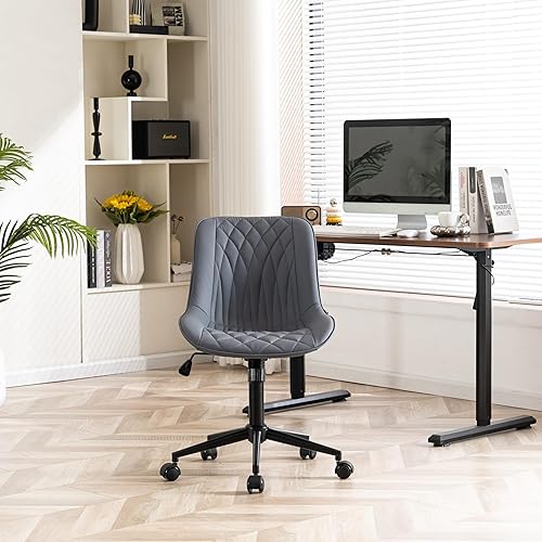 Miniatura 7 de YOUNIKE Silla de escritorio con ruedas, silla de oficina sin brazos, silla giratoria con respaldo tapizado de piel sintética, silla de computadora
