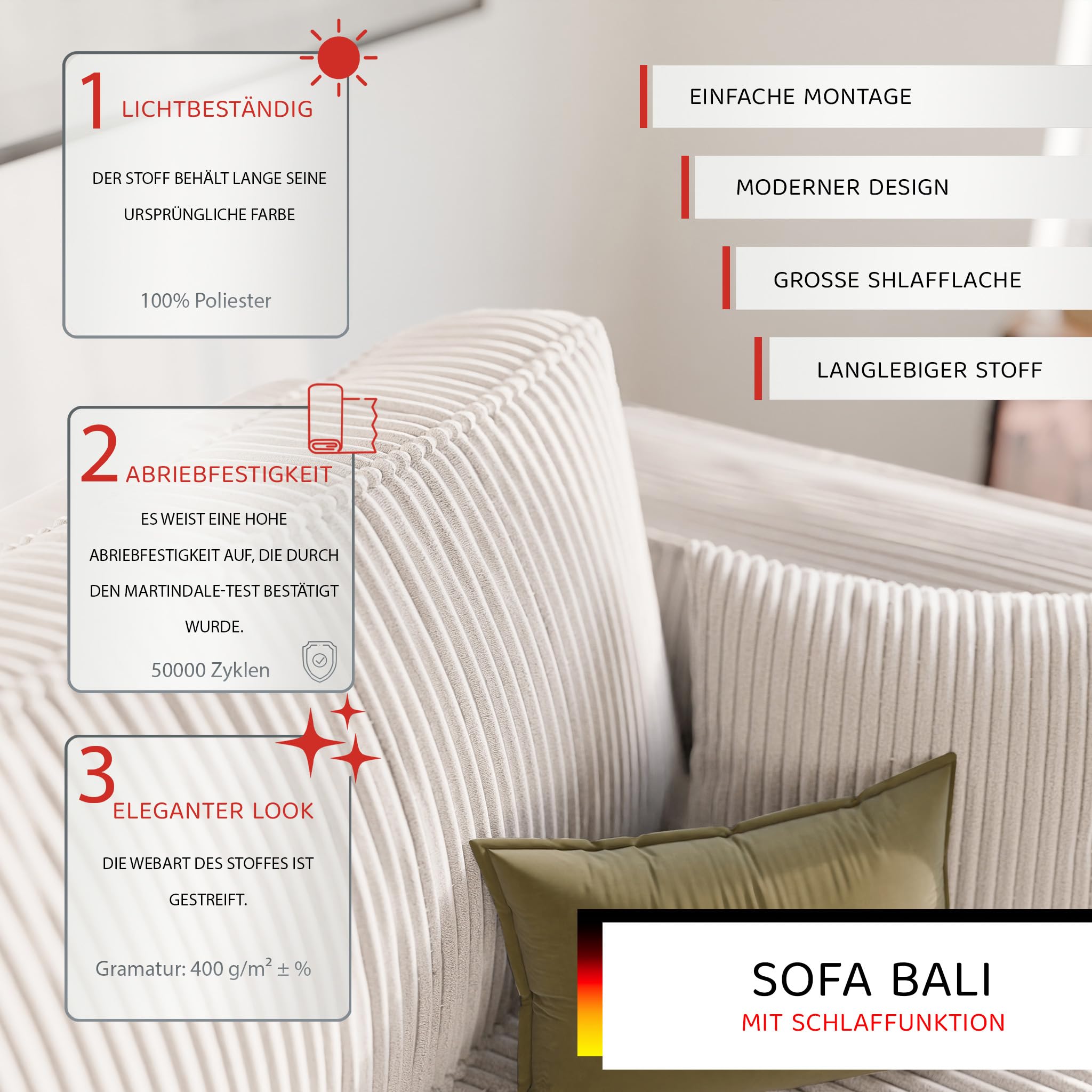 GREKPOL Schlafsofa mit Bettkasten 240x105 - Cord Beige Sofa mit schlaffunktion - Couch mit Schlaffunktion- 3 Sitzer - Wohnzimmer Couch - Schlafcouch