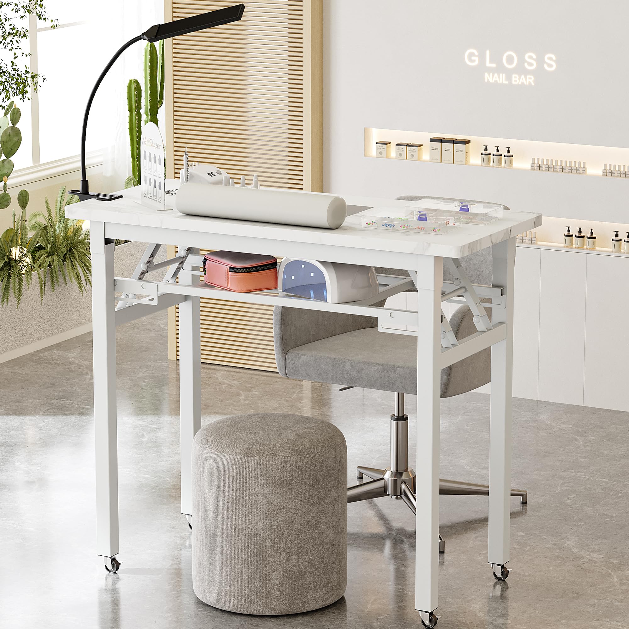 Tragbarer Nageltisch mit Staubabsaugung und LED-Lampe, Klappbarer Manikürtisch mit Tragetasche, Handauflage, Organizer-Boxen & Nail Display, Profi Nagelstudio Tisch für Maniküre & Nageldesign,Weiß