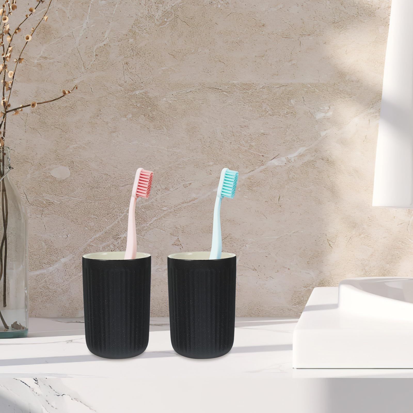 GALPADA Juego de 2 Vasos para Cepillo de Dientes de Cerámica Negra de 300ml, Fácil de Limpiar Bordes Suaves, Adecuado para Baño y Uso en Casa