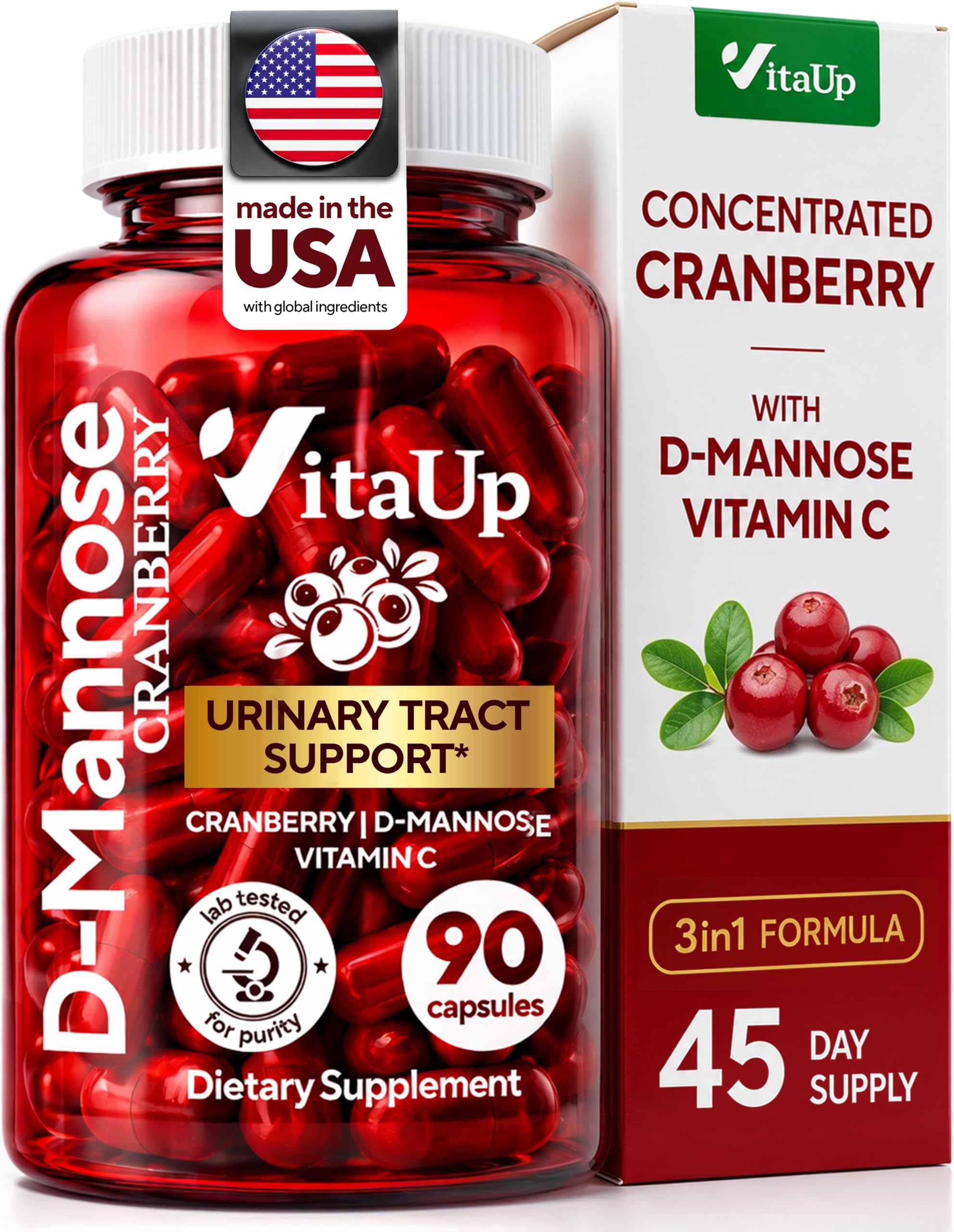 VitaUp D-Mannose & Cranberry Supplement for Women – USA Made Cranberry, Vitamin C & D-Mannose Supplement – Cranberry Capsules for Women for Urinary Tract & Bladder Support – 90 Vegan Capsules