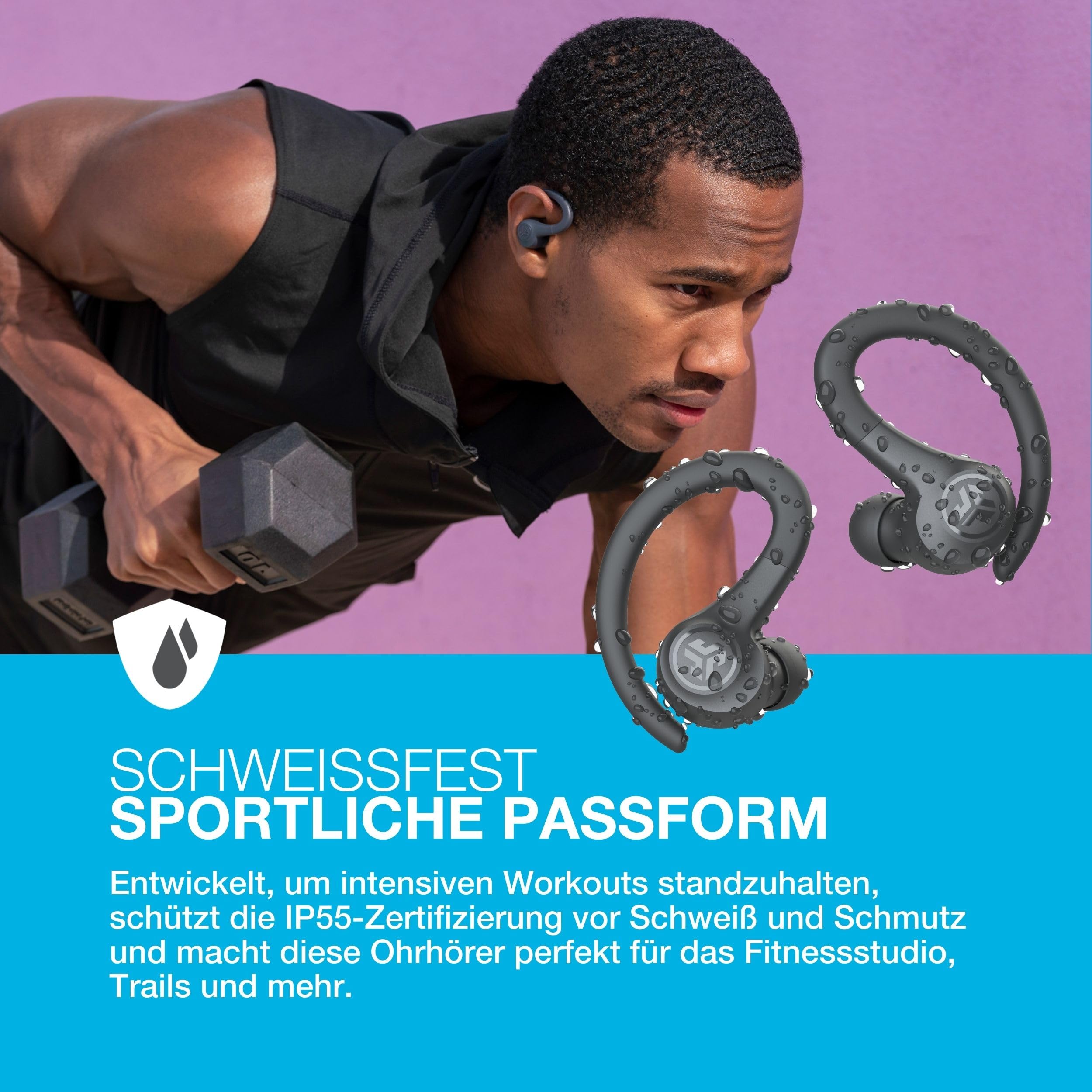 JLab Go Air Sport+ Kopfhörer Bluetooth, Sportkopfhörer 35+ Std., True Wireless In Ear Kopfhörer kabellos für Läufer, Joggen, IP55-schweißresistent, USB-C Ladecase, Be Aware-Modus, Graphit
