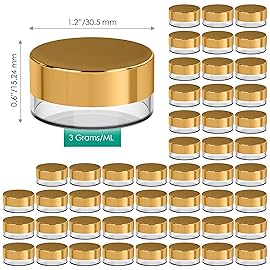Houseables Sample Containers, Sample Jars, Lip Balm Containers, Mini Jars with Lids, Small, Empty, Makeup, Powder, Gloss, Cosmetic, Tiny, Dab, Wax, Scrub, Little, Travel, Plastic, Gold, 3 Gram, 50 PK