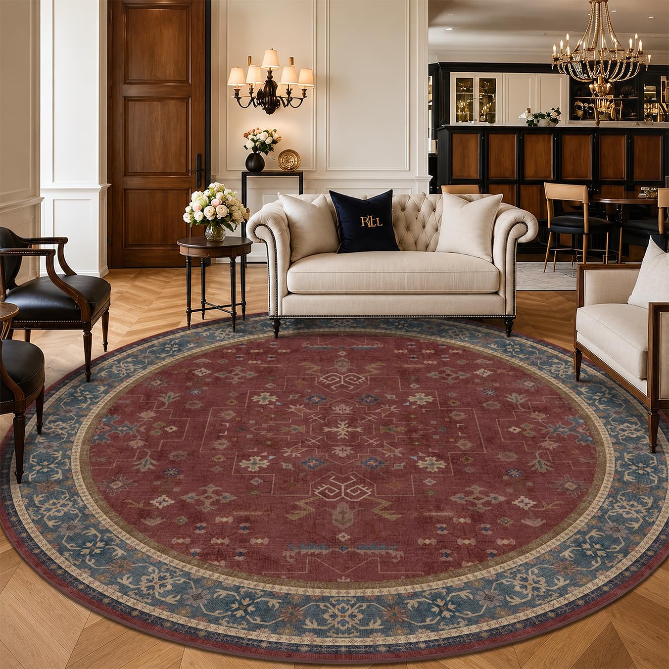 Burgundy 10ft Round Rug for Living Room Large Vintage Washable Soft Area Rug
