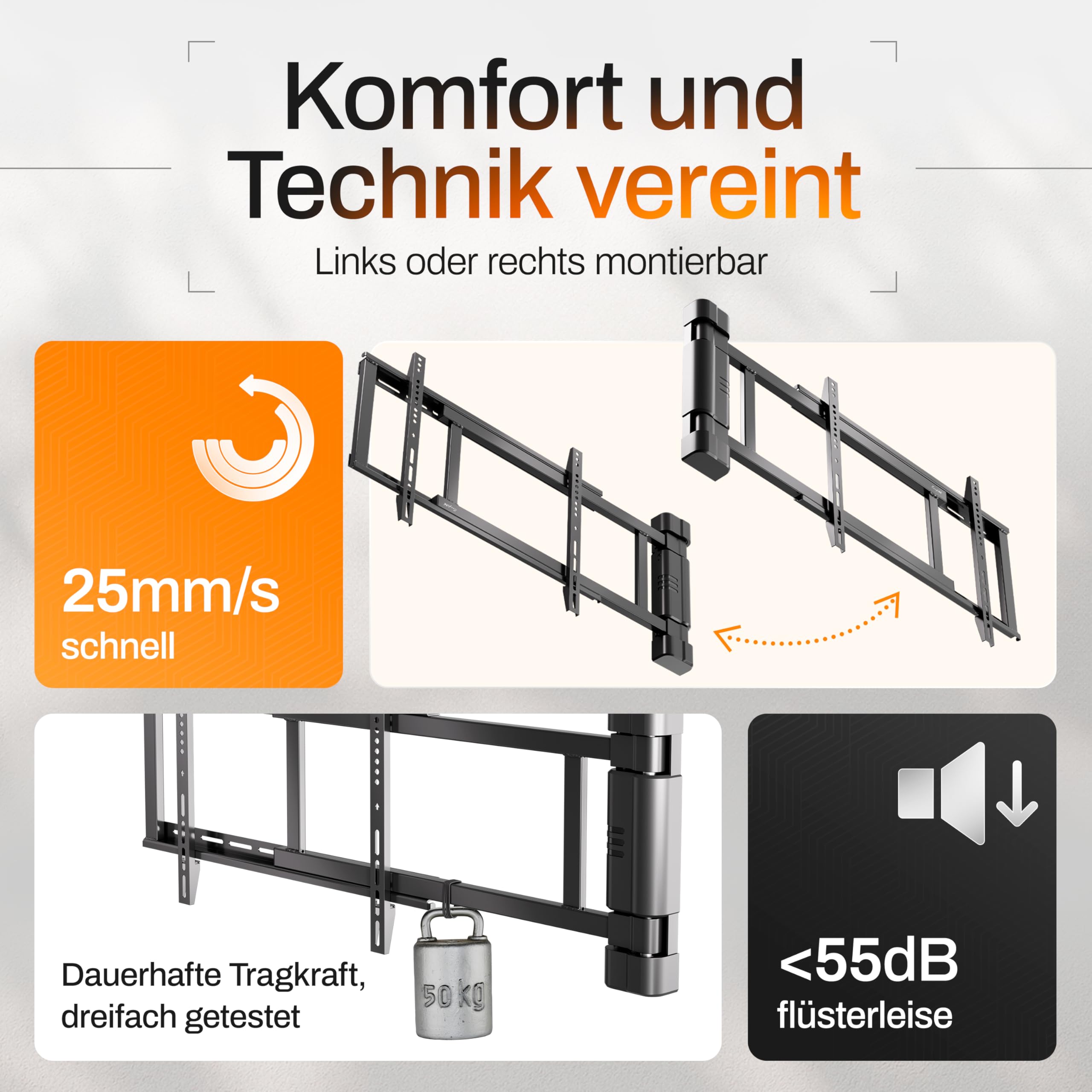 EasyLife elektrische TV-Wandhalterung 170° schwenkbar, VESA 600x400 Schwarz | 32-75", 50kg Tragkraft, 56mm ultraschlank, leiser Motor, Anti-Kollision, OLED/QLED/LCD TV, Monitor, Smartboard, Display