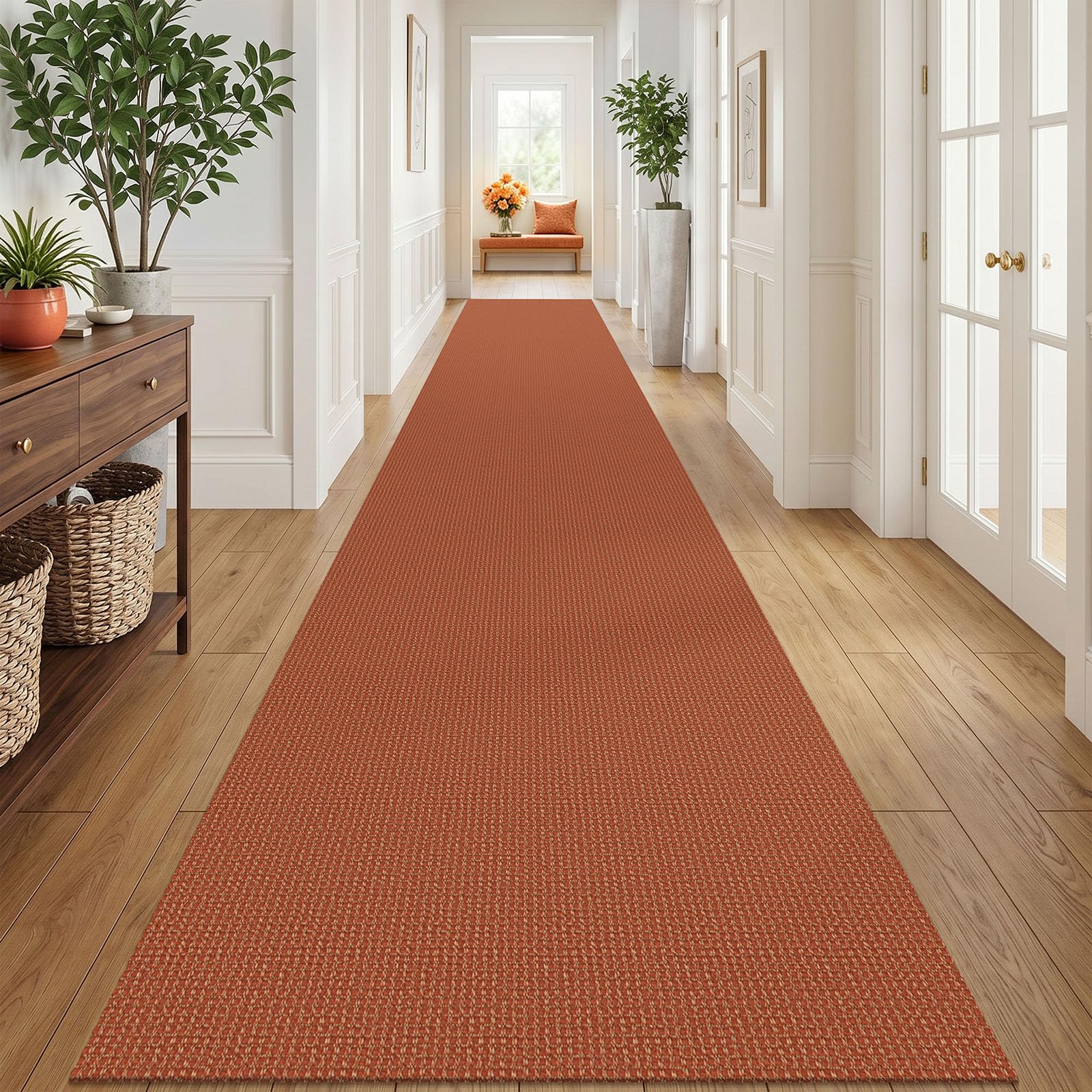 IOHOUZE Washable Exrea Long Hallway Runner Rug 3x20 Non Slip Rubber Backed Kitchen Runner Entryway Runner Indoor, Woven Rugs Floor Carpet for Kitchen Hall Entryway, Burnt Orange/Tan