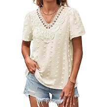 Falechay Summer Tops For Women 2026 Boho Swiss Dot Blouses Short Sleeve T-Shirts Flowy V Neck Casual Lace Hem Clothing