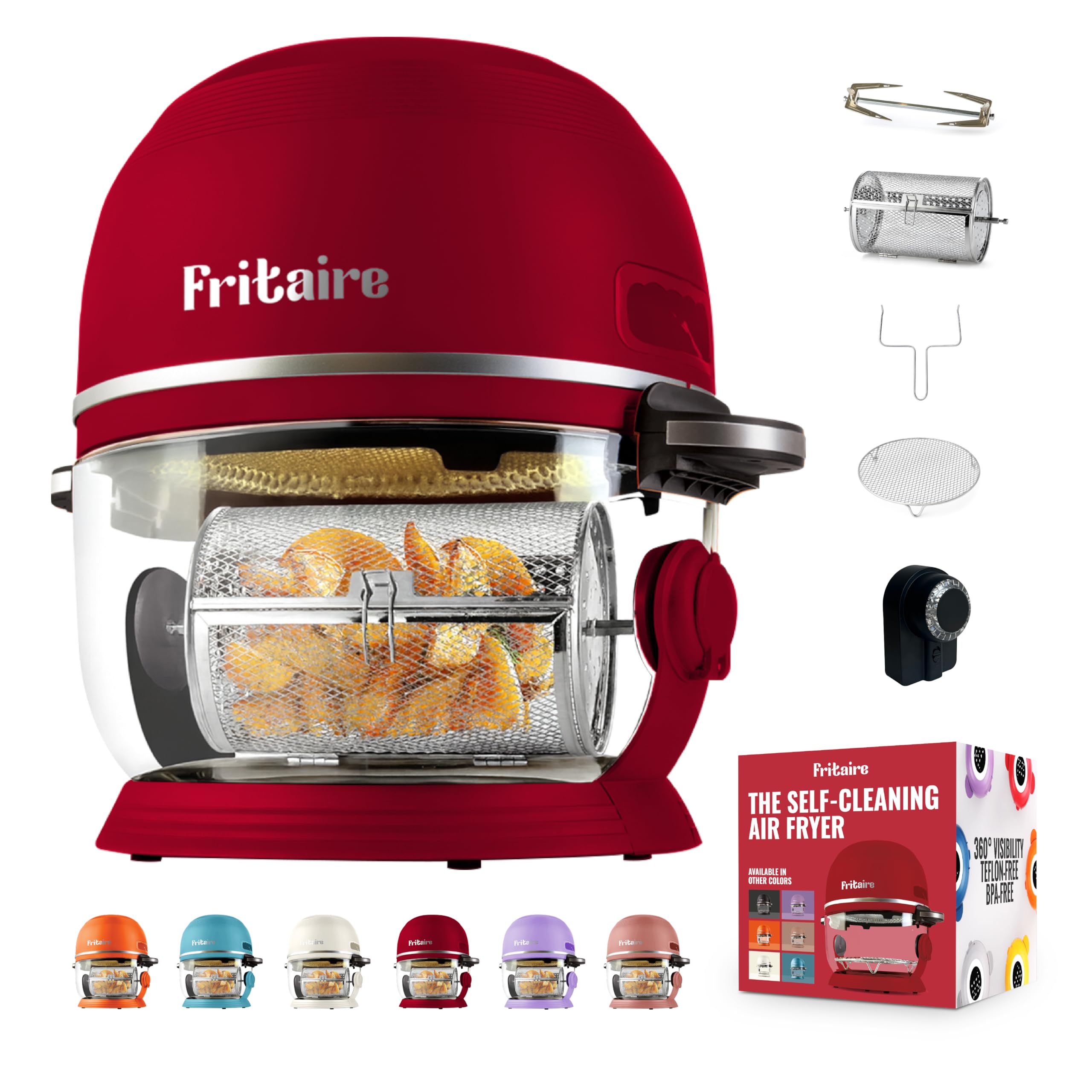 Non Toxic Air Fryer™ - Glass AirFryer 5 Quart w/ 360 Visibility, Self-Cleaning, 400F Vortex Air Fryer for Even Cooking, BPA-Free Teflon Free, 9-in-1 Functions, Rotisserie, Roast, Bake, Cherry