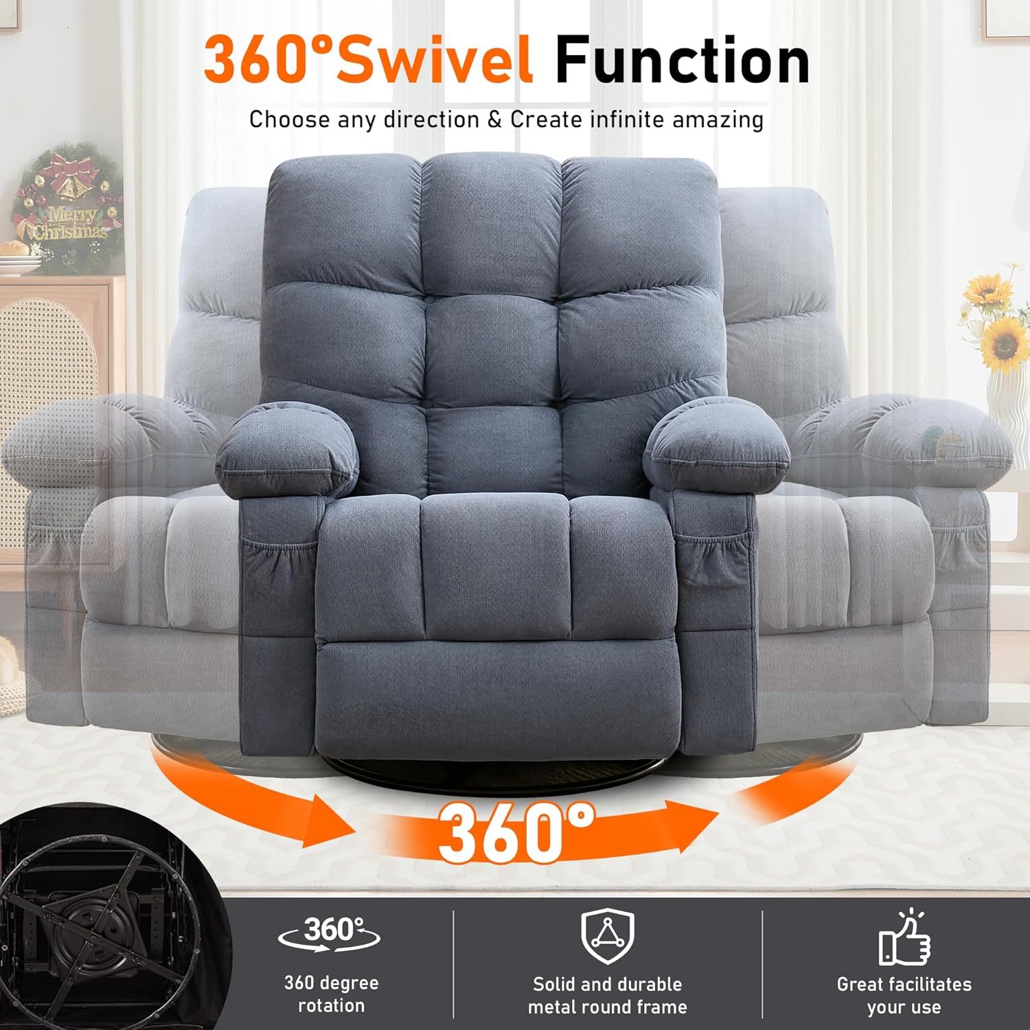 Swivel Recliner Chair for Adults,Oversized Rocker Recliner with Vibration Massage and Lumbar Heat,Ergonomic Rocking Chair with Side Pocket,USB Charge Port for Living Room