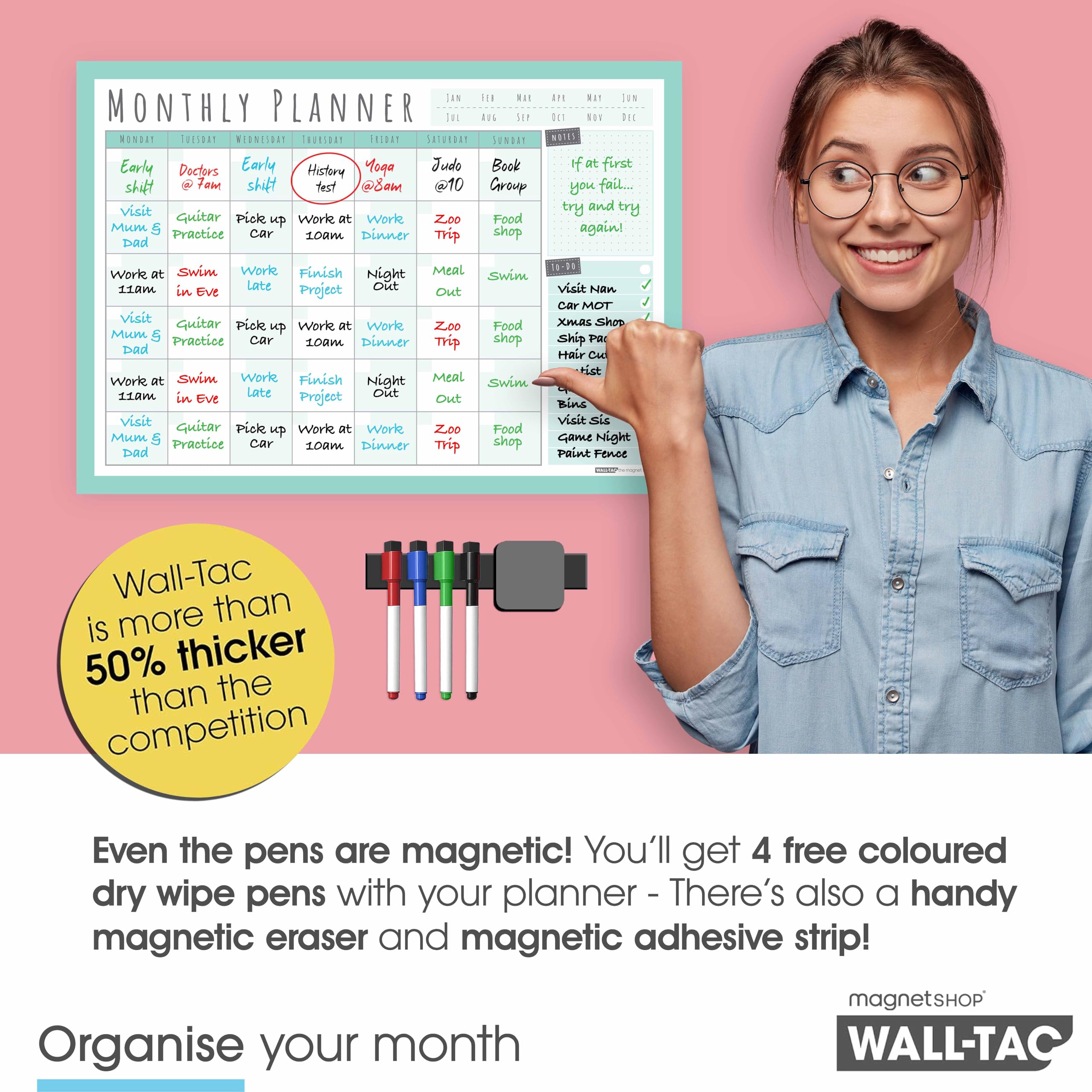 WallTAC Planificador mensual de pared (594 x 420 mm) | Pizarra blanca/Calendario adhesiva y reutilizable | 4 rotuladores pizarra blanca y borrador incluidos