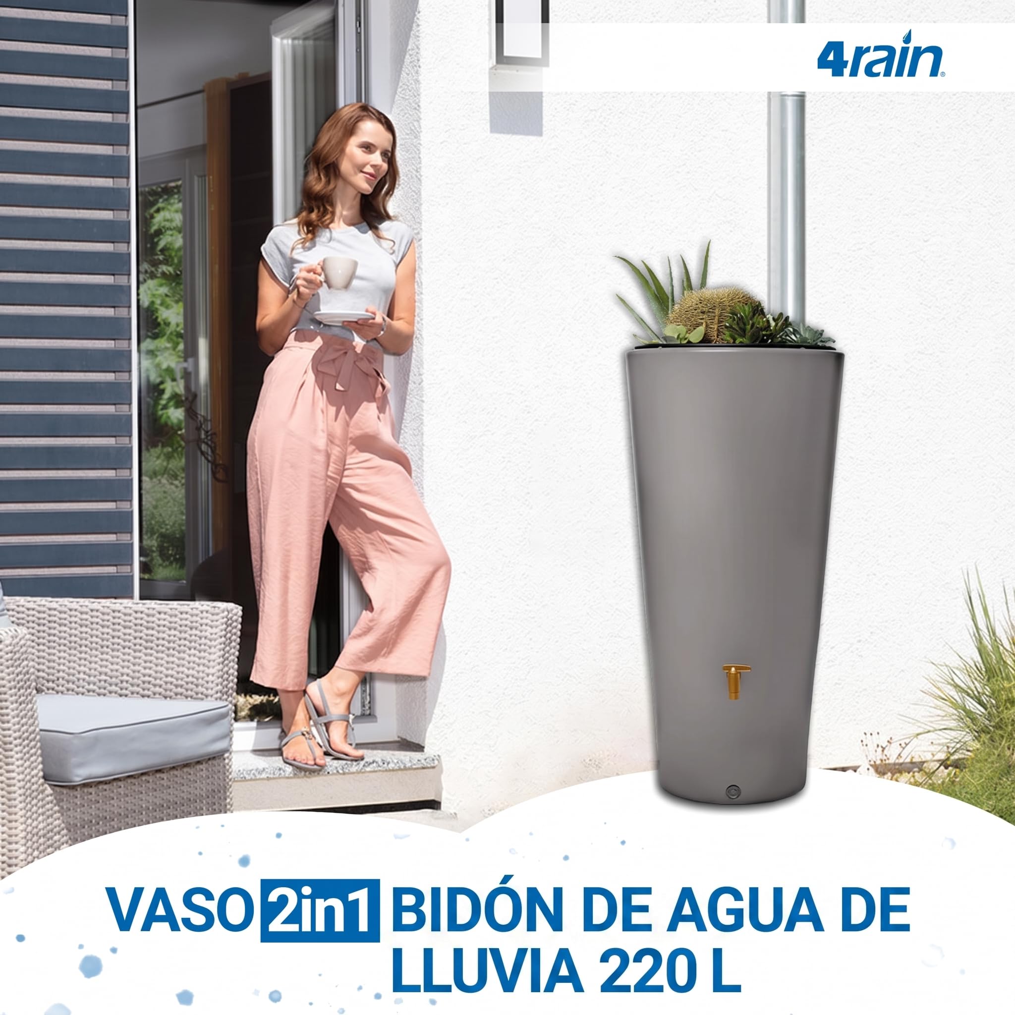 4rain Vaso 2en1 Barril para Agua de Lluvia 220 L Gris Zinc Incl. Grifo de Salida de plástico y conexión al bajante - depósito Decorativo Exterior - llenado filtrante automático - riego sostenible | y conector de bajante moderno barril de lluvia para jardí