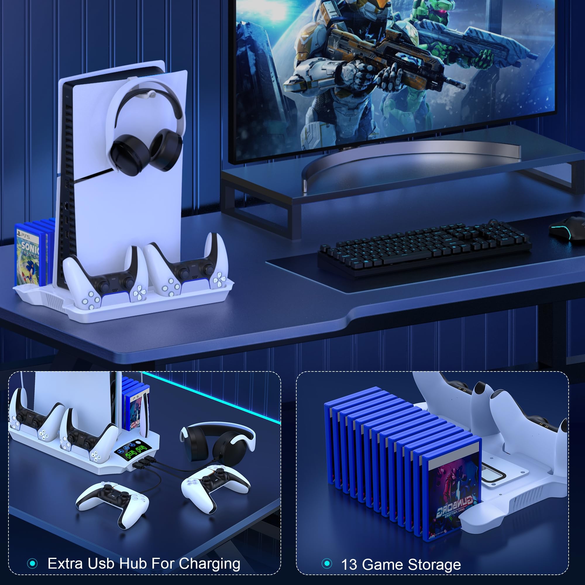 HELLCOOL Supporto PS5 Slim con Ventola di Raffreddamento, Base per Disc/Digital Edition, Doppio Ricarica Controller, 13 Slot di Gioco, 3 Porta USB, Supporto per Cuffie