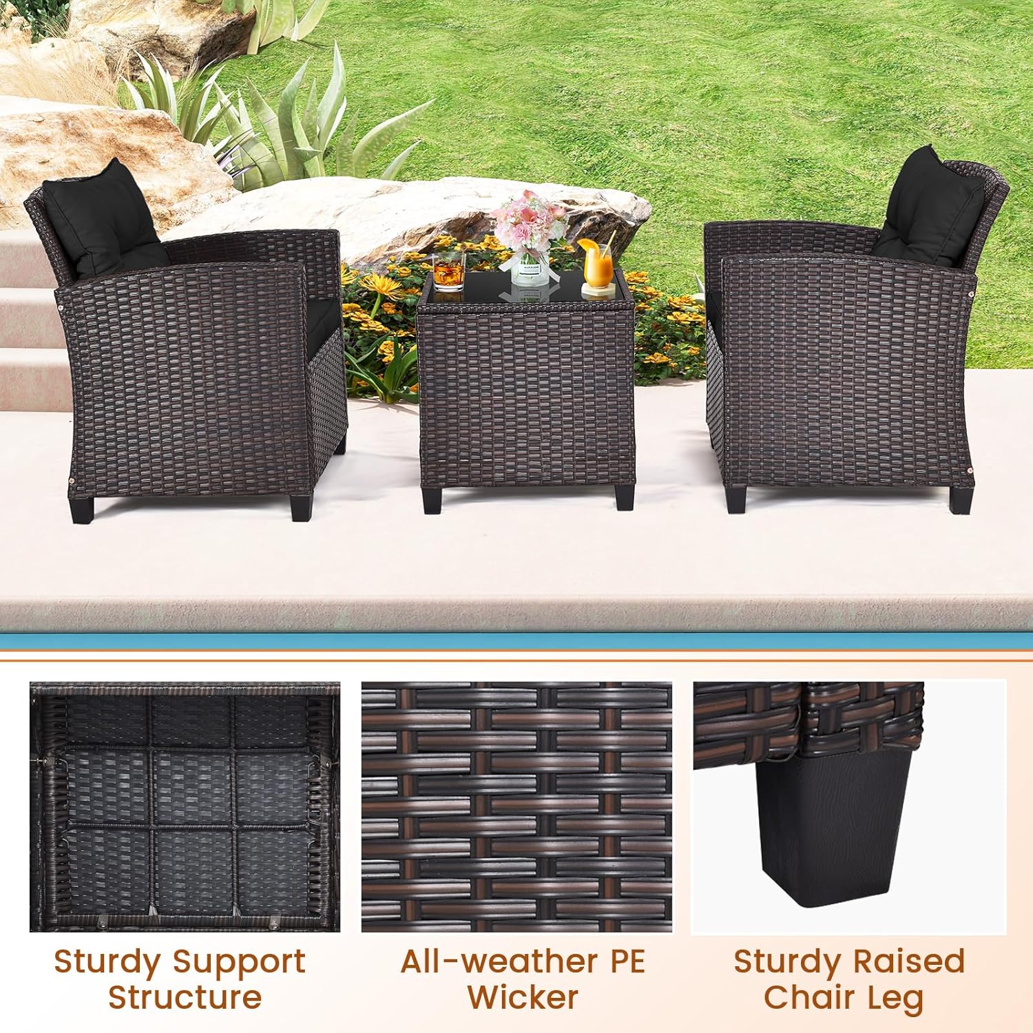 S AFSTAR 3-Piece Patio Bistro Set, Outdoor Wicker Chairs with Soft Cushions, Glass Coffee Table, Black