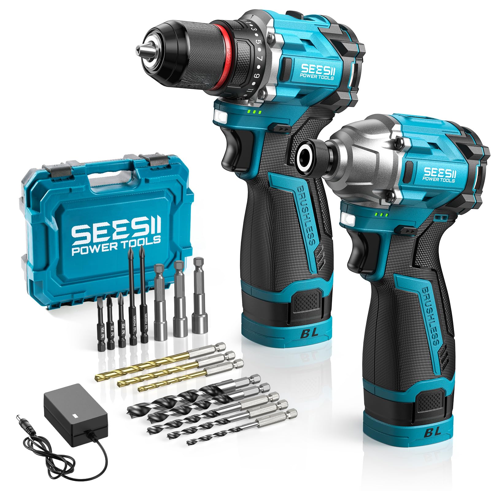 SEESII Cordless Drill Impact Driver 16.8V Brushless Power Tool Combo Kits 2x 2.0Ah Batteries w/Charger, 16-Pc Bits, Tool Bag, 3/8'' Drill & 1/4'' Impact Driver for Home DIY, Woodworking (Blue)