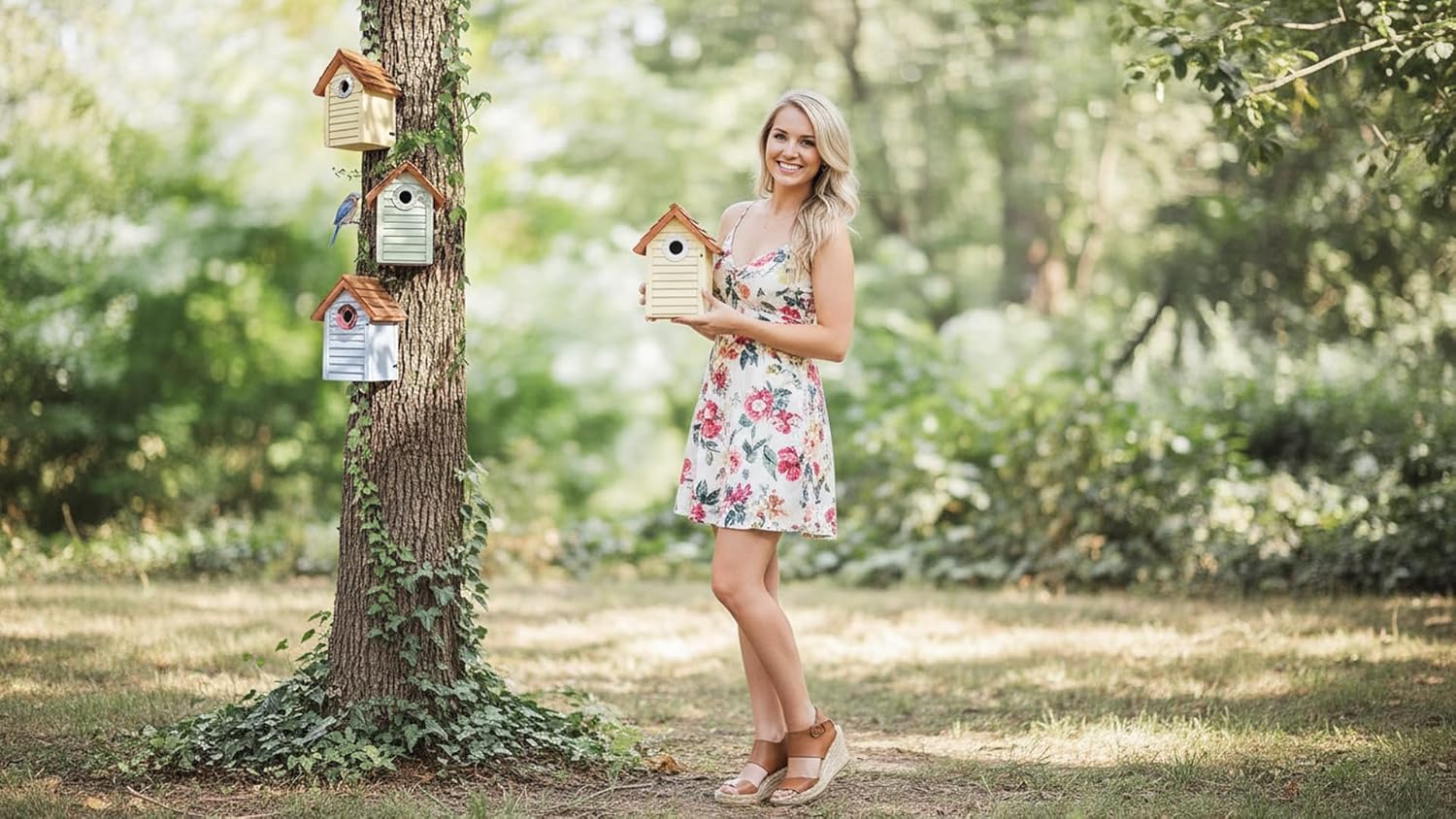 3pk Bluebird Bird Houses for Outside Clearance - Bird House for Wall Mounting - Tree Swallow Nest Box with Stainless Steel Predator Guard - Cedar Shingles Roof UV Painting - 10 Years Outdoor