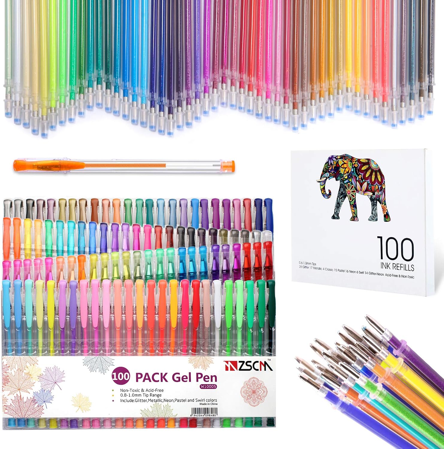 Gel Pens for Adult Coloring Books, 200 Pack Glitter Neon