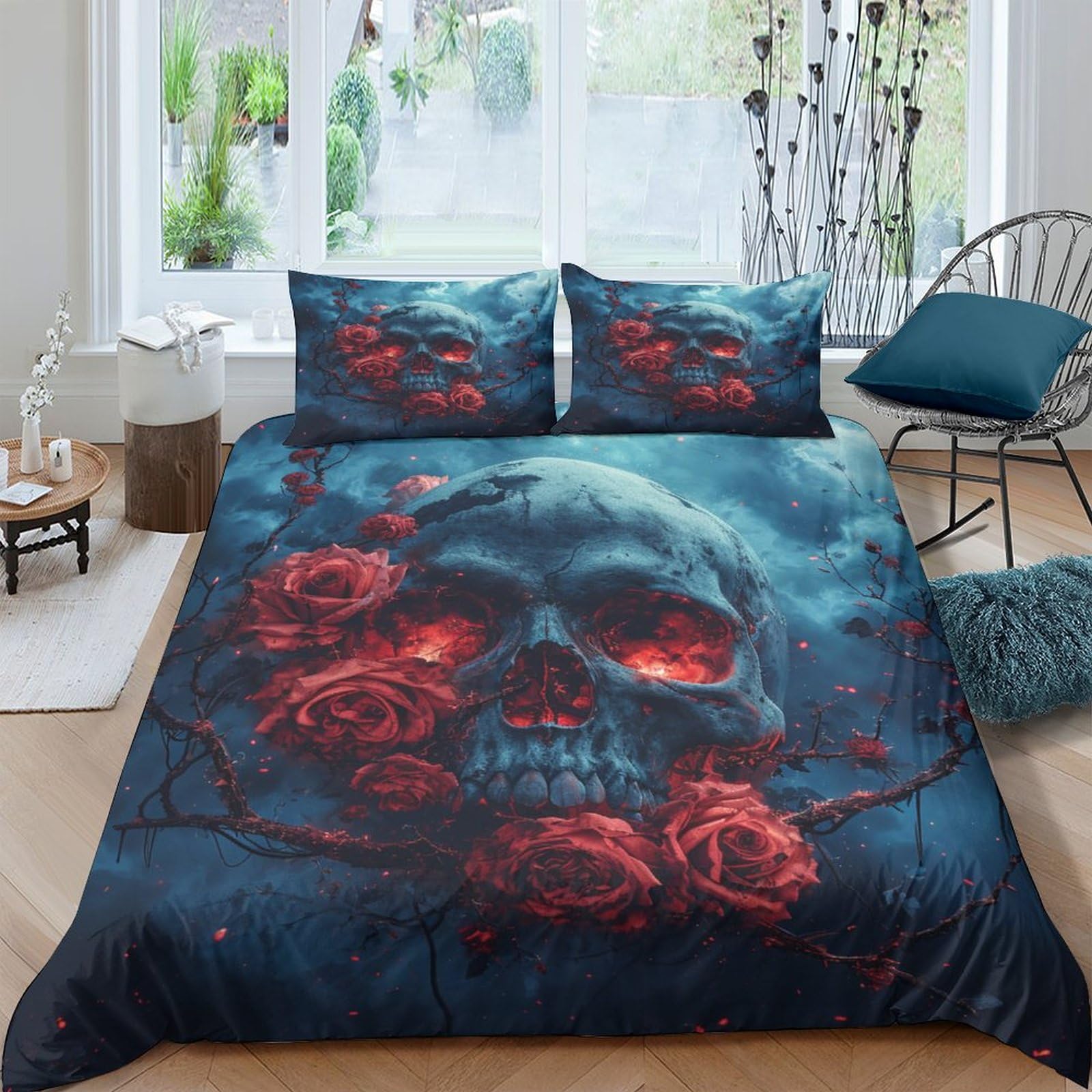 NRAOPEVVD Skull Duvet Cover 3 PCS Hotel Quality Quilt Cover Bedding Bed Covers with Pillowcases with Zipper Closure Ultra Soft Hypoallergenic Microfiber King（220x240cm）