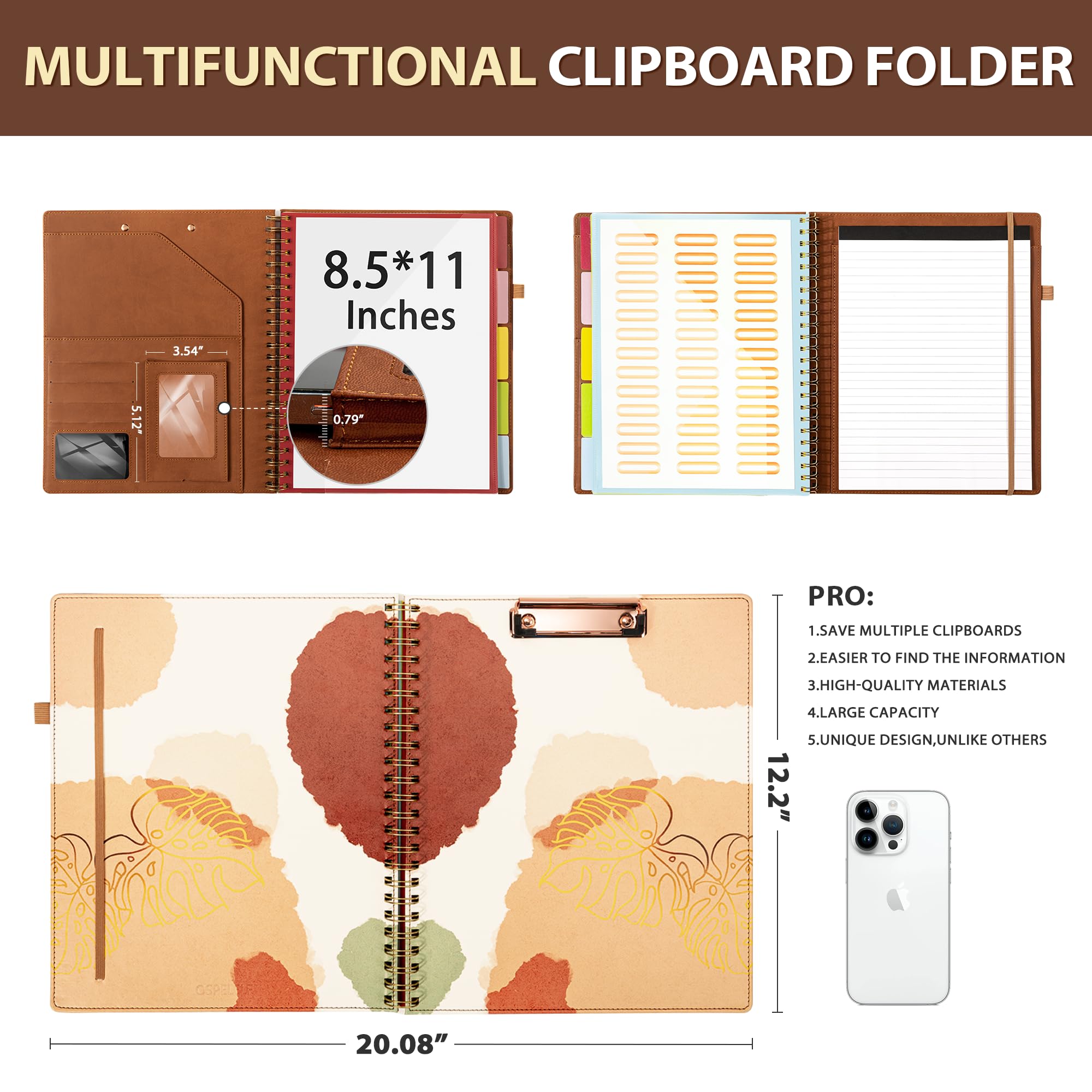 Ospelelf Padfolio a spirale in pelle con portablocco portablocco organizer raccoglitore con cinturino elastico tasche per blocco note marrone