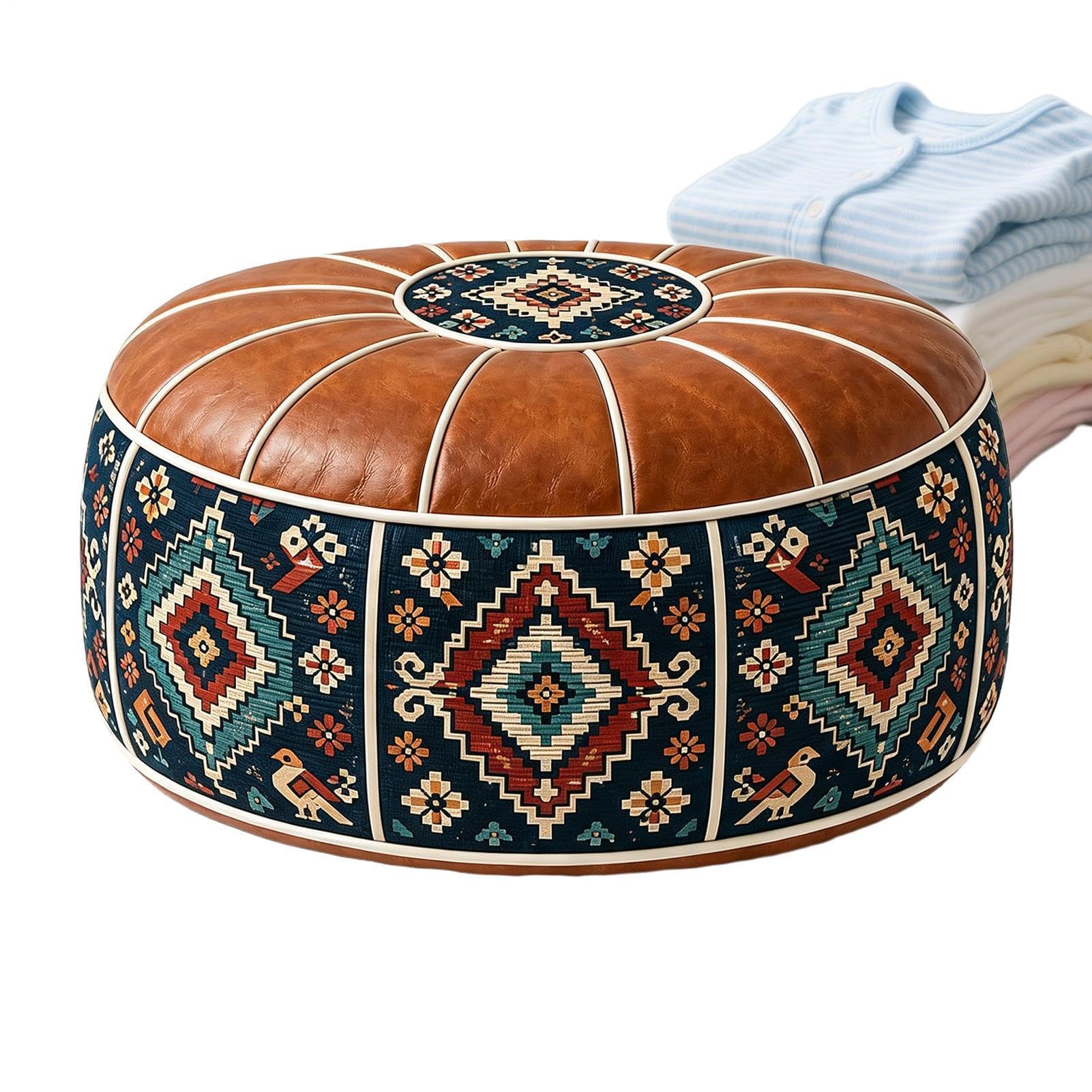 Runder Polsterhocker mit Stauraum, 53 cm, wasserdicht, Kunstleder | Runde Ottomane, 53 cm, aus Kunstleder mit wasserdichter Außenseite, ideal für die Aufbewahrung von Decken und Kleidung