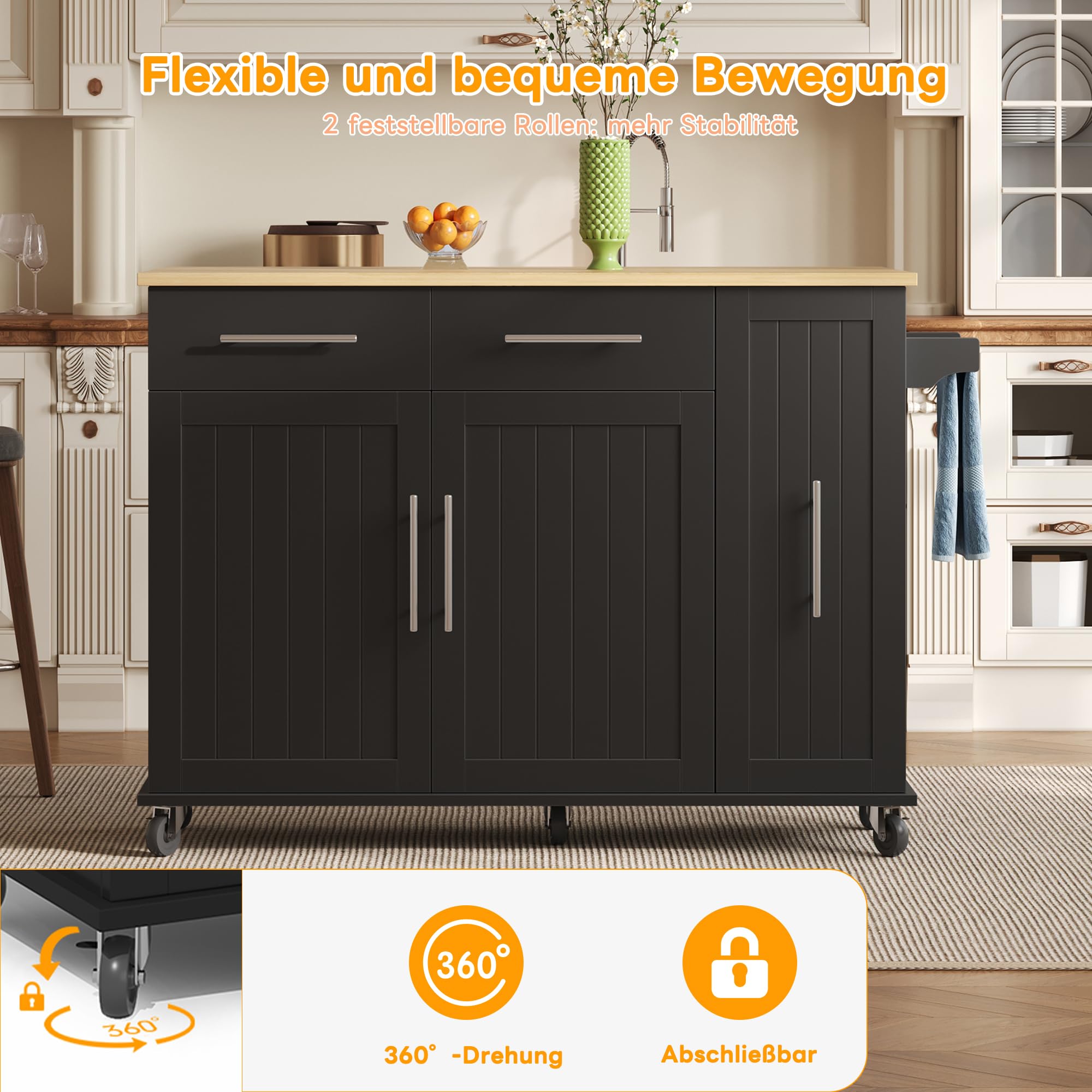 Merax Kücheninsel mit Klappbarer Arbeitsplatte, Kitchen island mit 5 Rollen, 2 Schubladen, Tier Pull Out Cabinet, Handtuchhalter und Gewürz, Küchenwagen, Küchenschrank für Küche, 120×65×90cm (Schwarz)