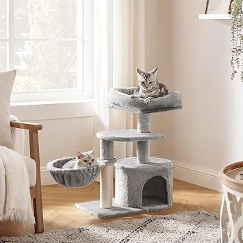FEANDREA Small Cat Tree Scratching Pole Multilayer 68cm, Light Grey