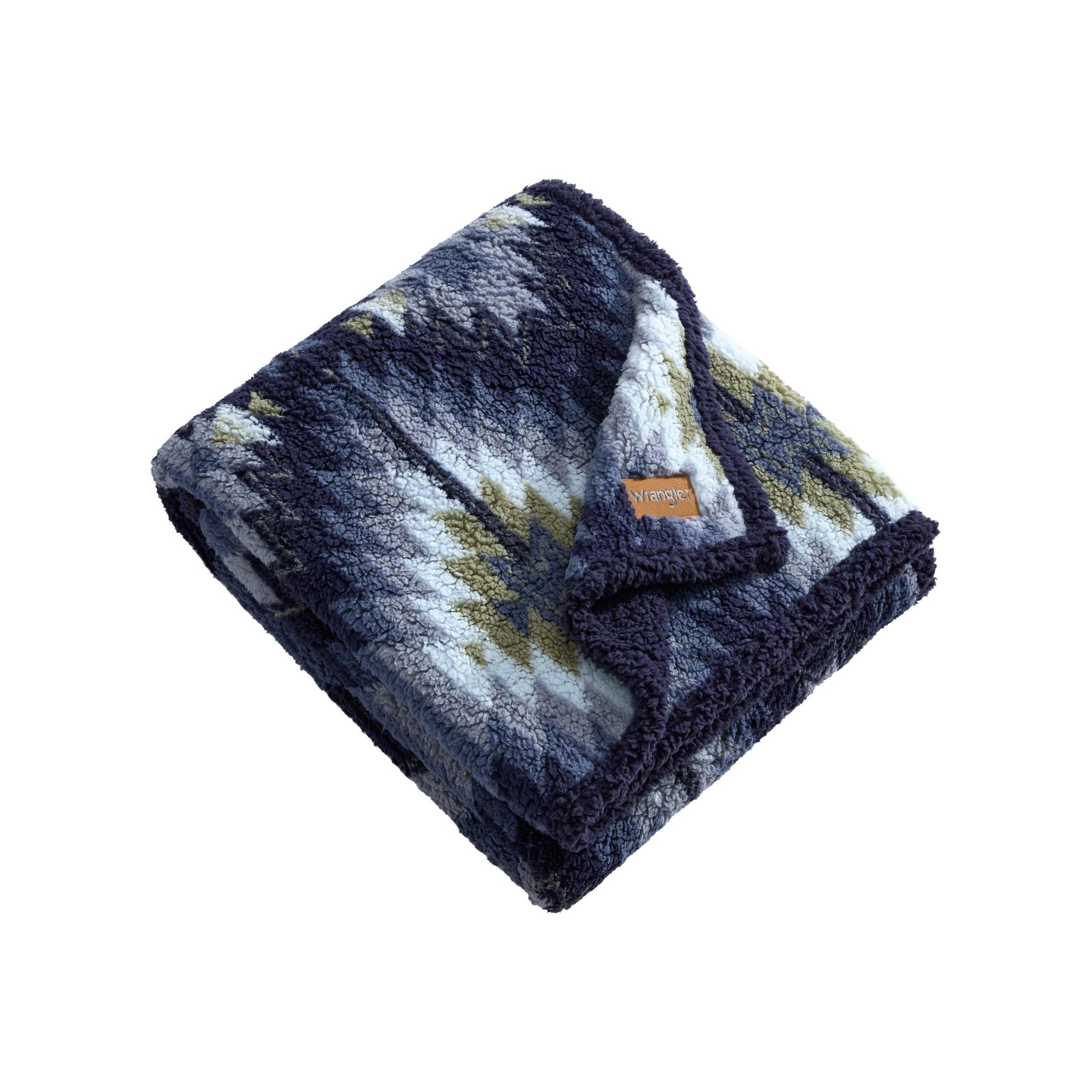 Wrangler - Reversible Throw Blanket, 50 x 60, Printed Sherpa Fleece Blanket for Bed & Couch, Cozy Decorative Throw, Dawn Aztec Blue