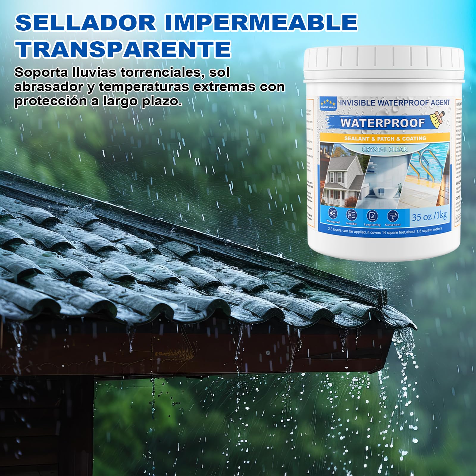 Sellador Líquido Impermeable 2KG, Revestimiento Impermeable | Impermeabilizante Transparente para Interior y Exterior | Antifugas para Baño, Cocina, Techo, Pared, Terraza y Balcón