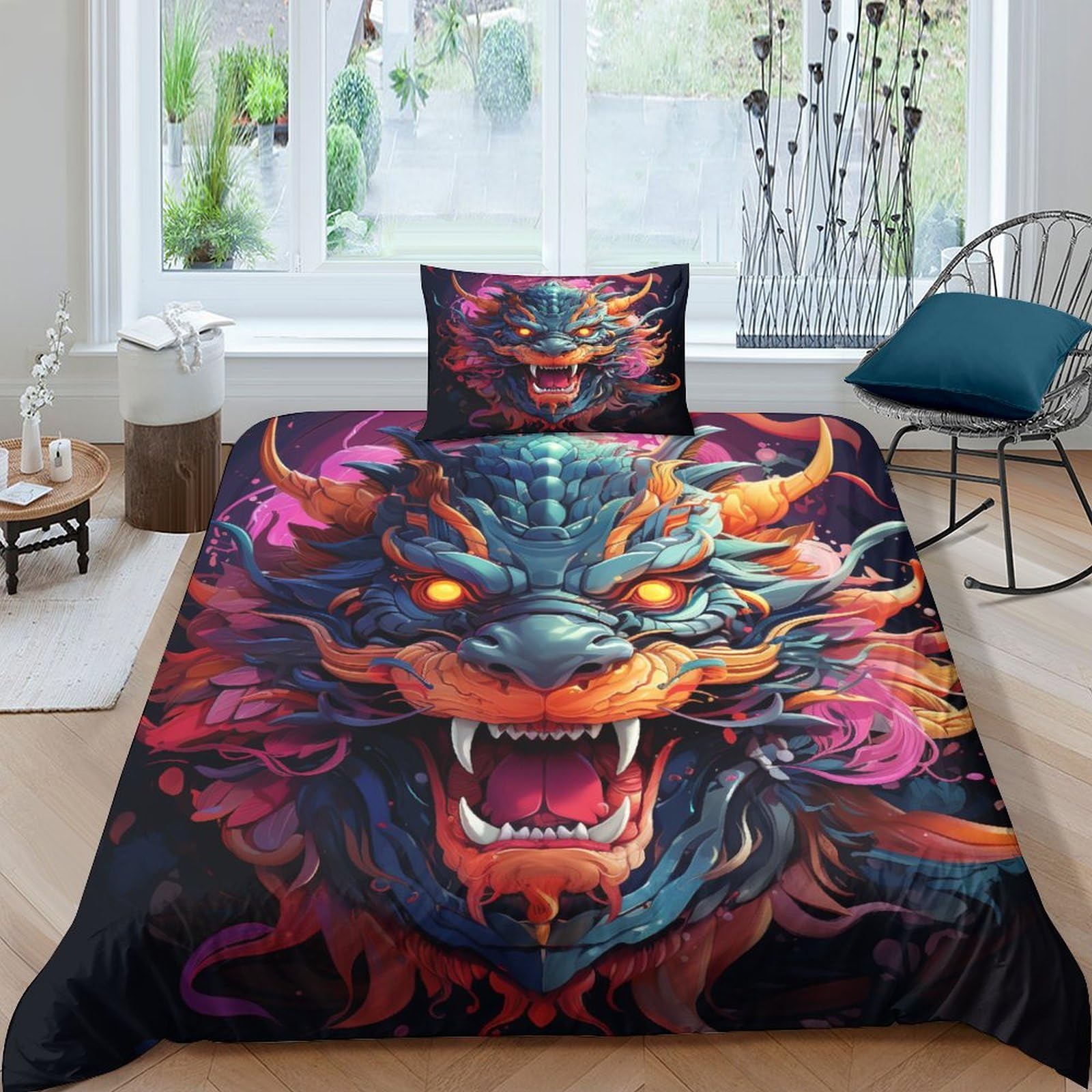 GOOSMI Dragon Head 3D Printed Colourful Quilt Cover Duvet Cover for Boys Girls Comforter Covers Soft Microfiber with Zipper Closure Bedding Set with Pillow Cases 3 Pieces Single(135x200cm) — image 1