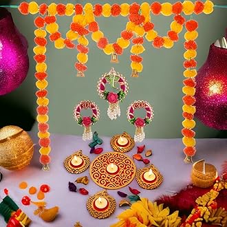 Saudeep India Diwali Gift Combo of Readymade Elephant Rangoli Set with Tealights, Door Toran Bandarwal, and Subh Labh Door Hanging | Deepawali Corporate Gift Set | Puja Essentials, and Decorations