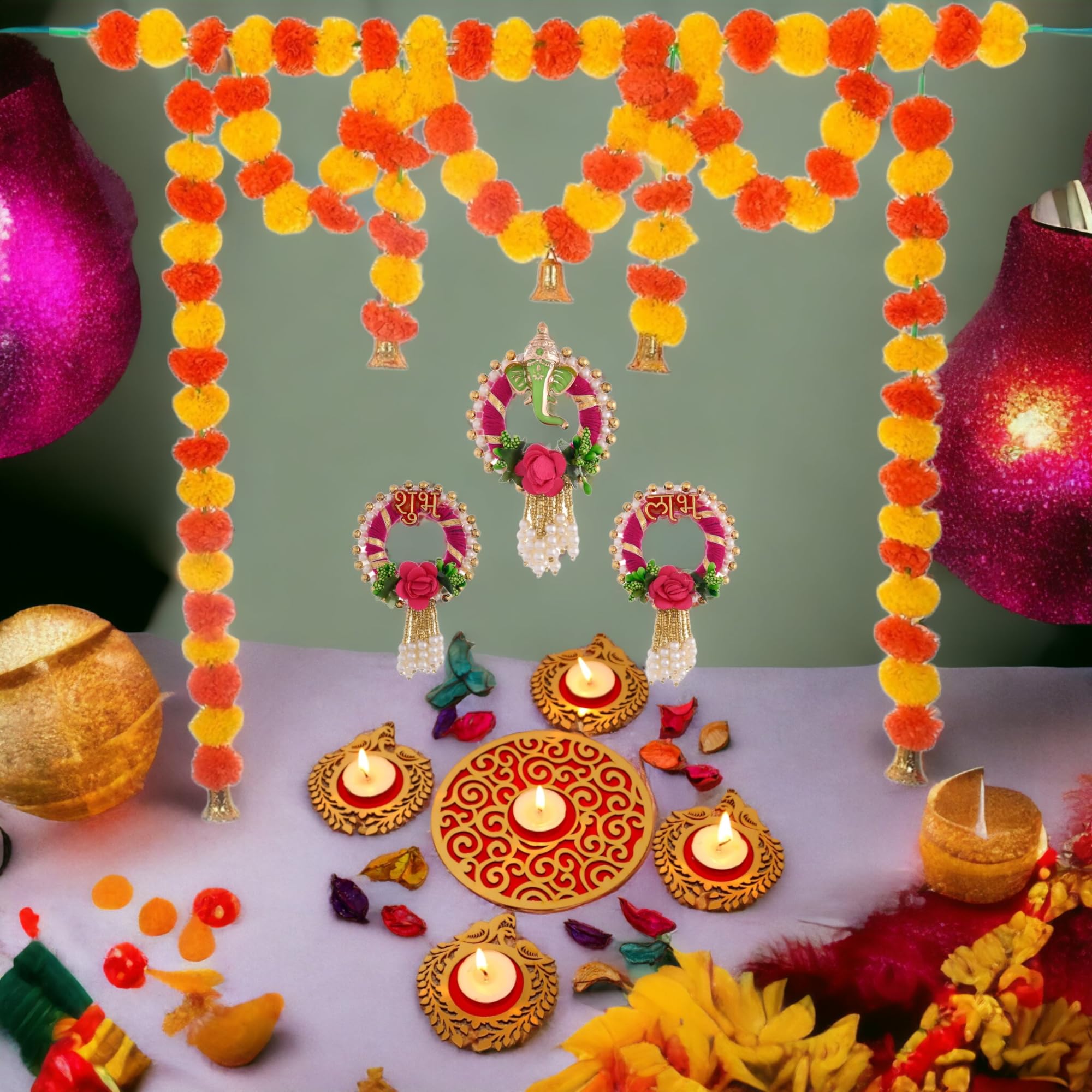 Saudeep India Diwali Gift Combo of Readymade Elephant Rangoli Set with Tealights, Door Toran Bandarwal, and Subh Labh Door Hanging | Deepawali Corporate Gift Set | Puja Essentials, and Decorations