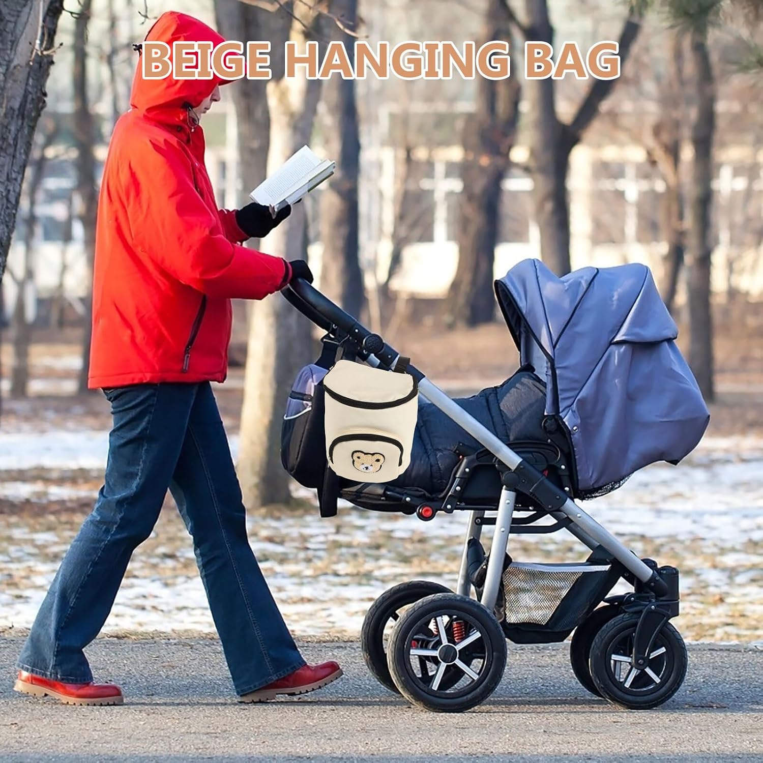 Stroller Hanging Bag Organizer with Beige Animal Pattern, Universal Diaper Bag Tote with Metal Hook, Spacious Storage for Bottles and Essentials, Suitable for Travel and Daily Use