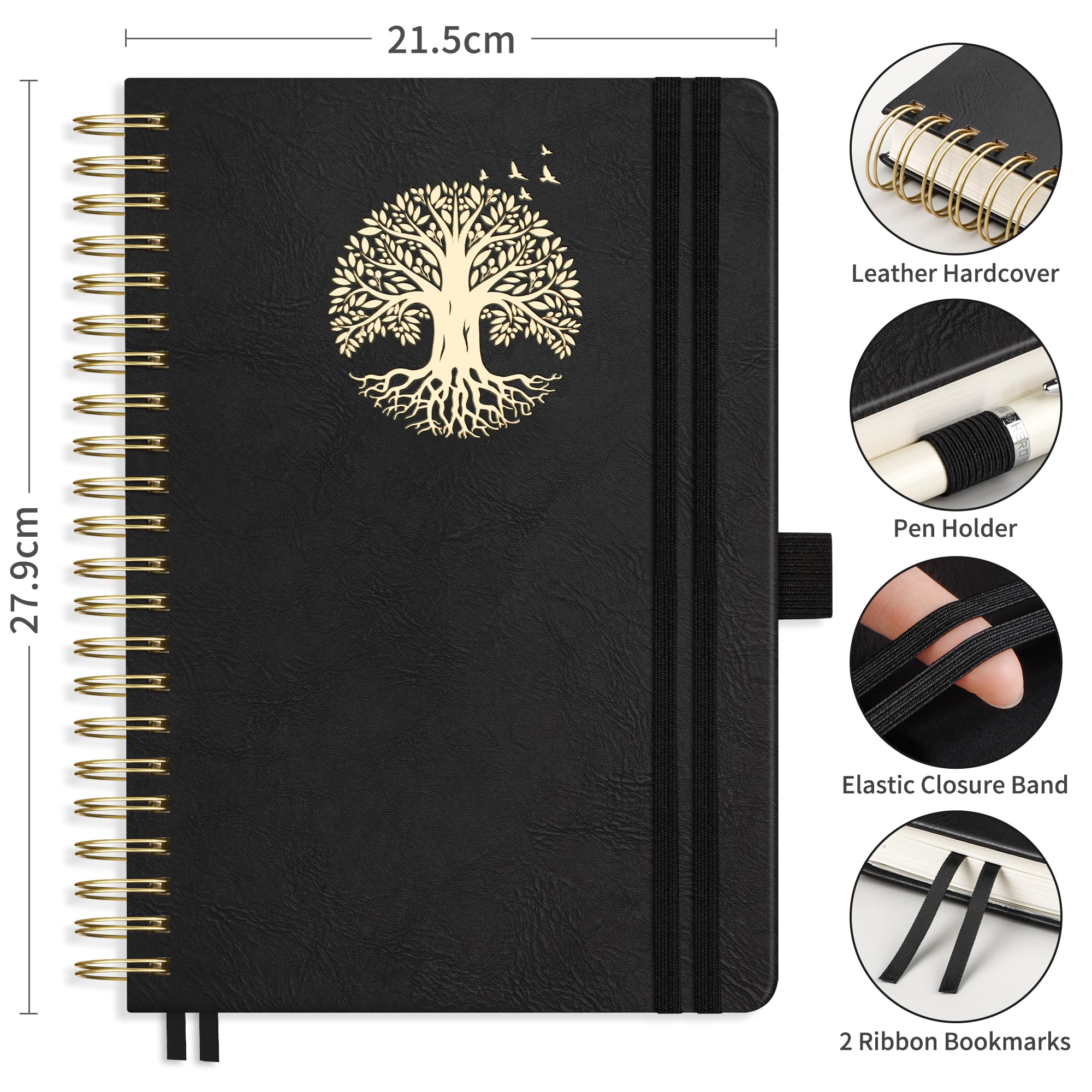 RETTACY Lined A4 Notebook Spiral Bound College Ruled Notebook 300 Pages Thick Journal,Hardcover Leather Notepad for Work School,100gsm,Sticky Notes,21.5 x 27.9cm - Image 2