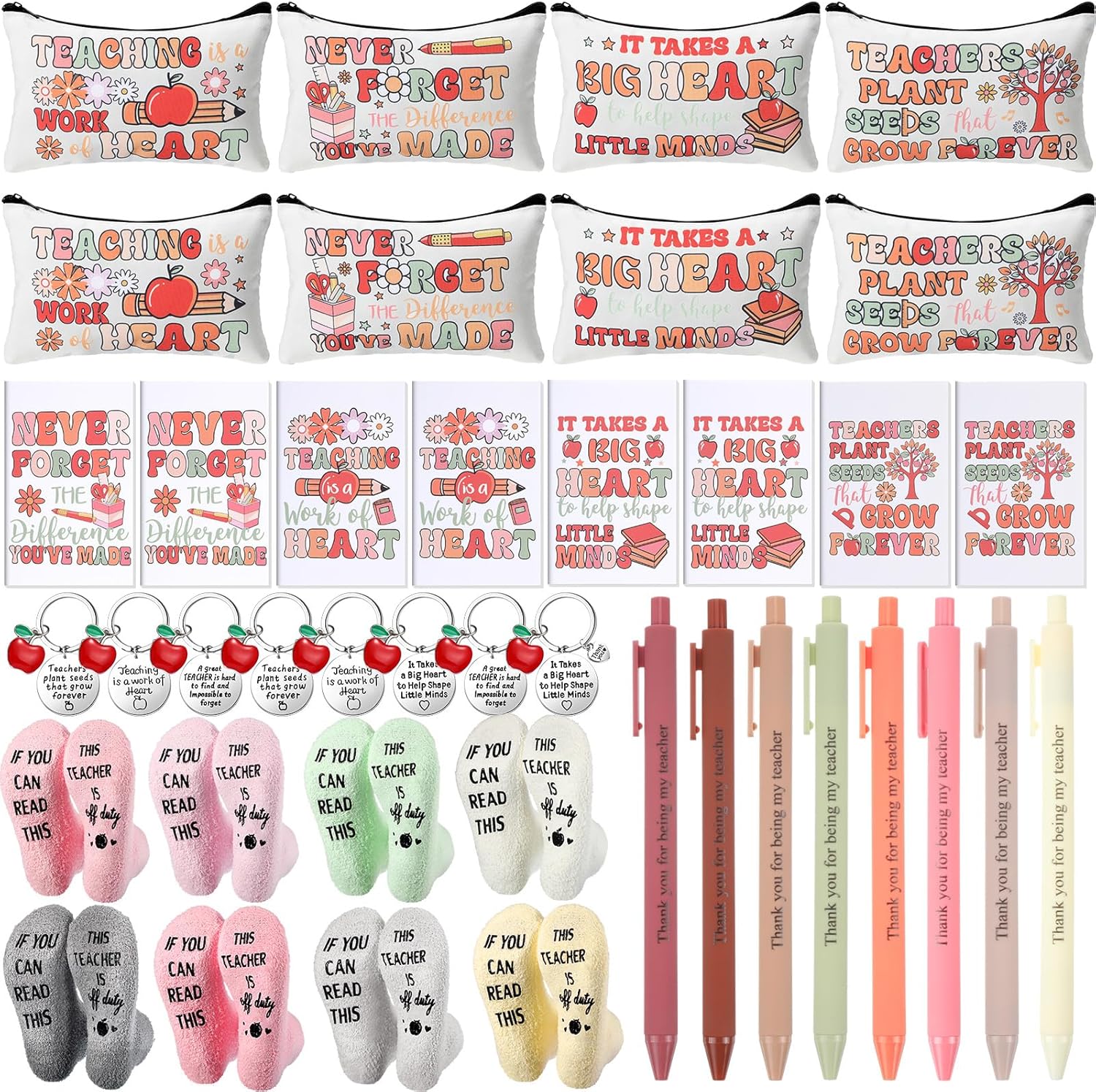 Fulmoon 40 Pcs Teacher Appreciation Gifts Thank You Gifts Bulk Socks Makeup Bags Keychains Motivational Notebooks Ballpoints (Boho Color, Heart Teaching)
