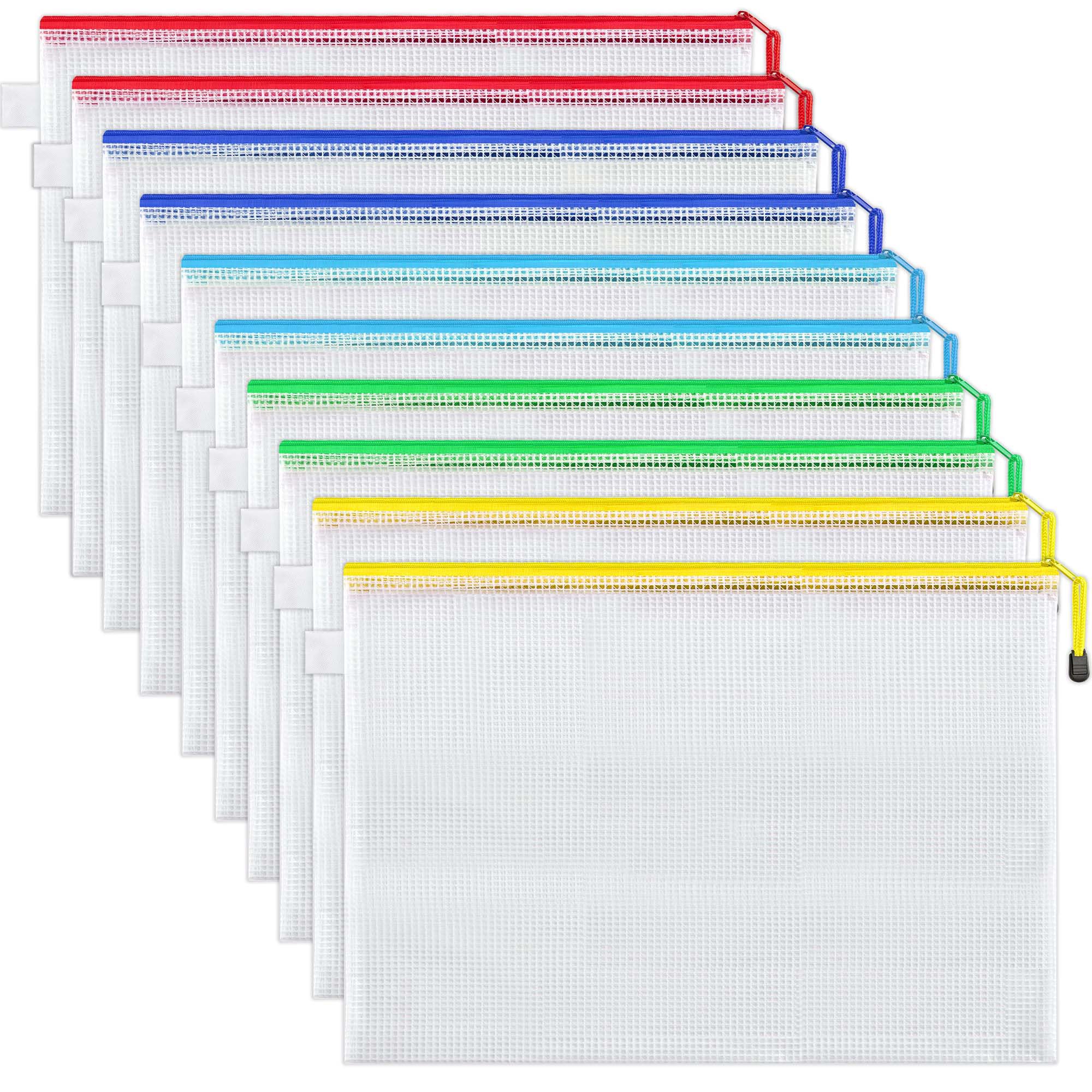 JARLINK 10 Pcs A3 Mesh Zipper Document Pouch, 10 Colors, Waterproof Plastic File Pouches for Organizing School and Office Supplies, Cosmetics, Travel Accessories