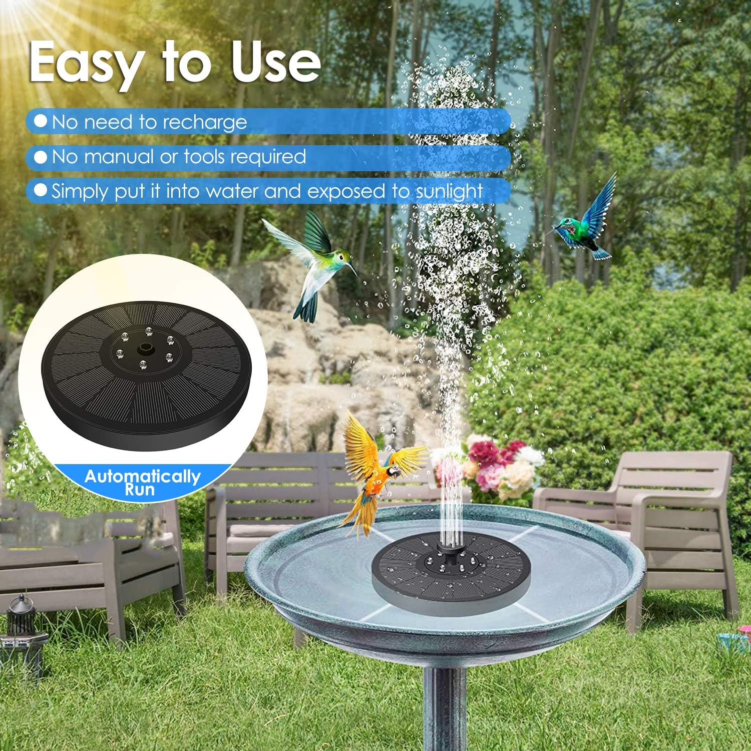3W Solar Water Pump with 1200mAh Battery Backup and Multicolored LED Lights - Floating Solar Powered Fountain with 7 Spray Patterns for Bird Bath Garden Pond and Oxygen Water