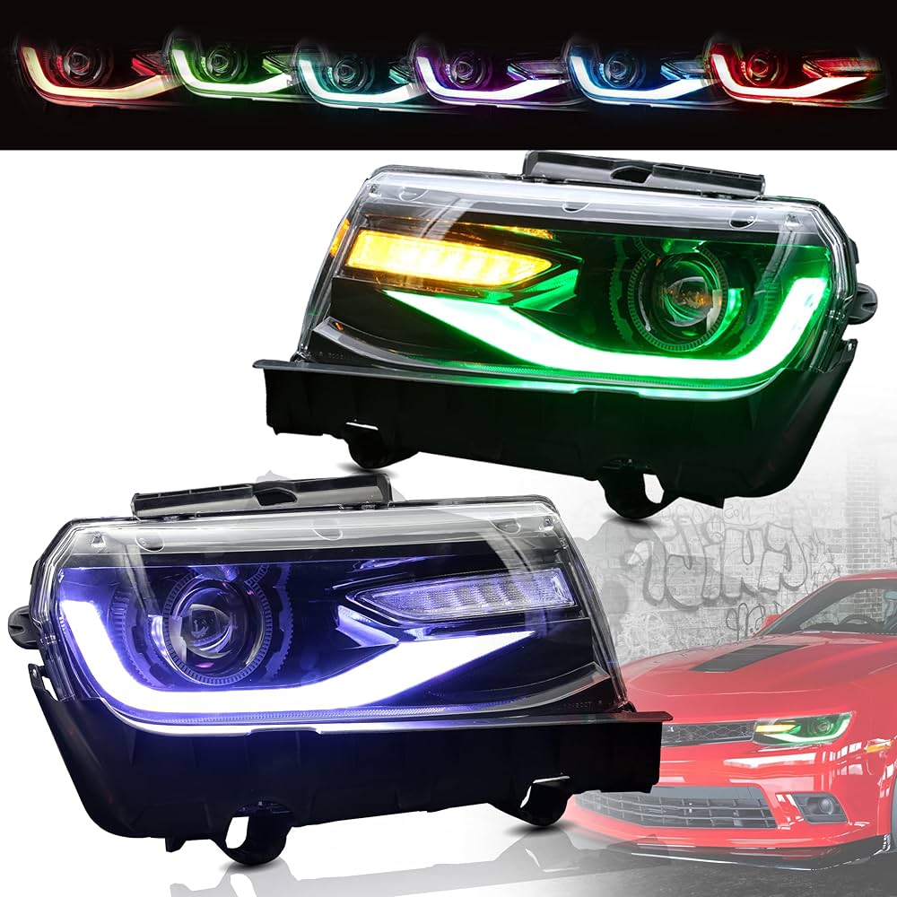 VLAND RGB LED ヘッドライト Camaro RS/SS Pair RGB Headlights w/Color Change DRL For 2014-2015 Chevy