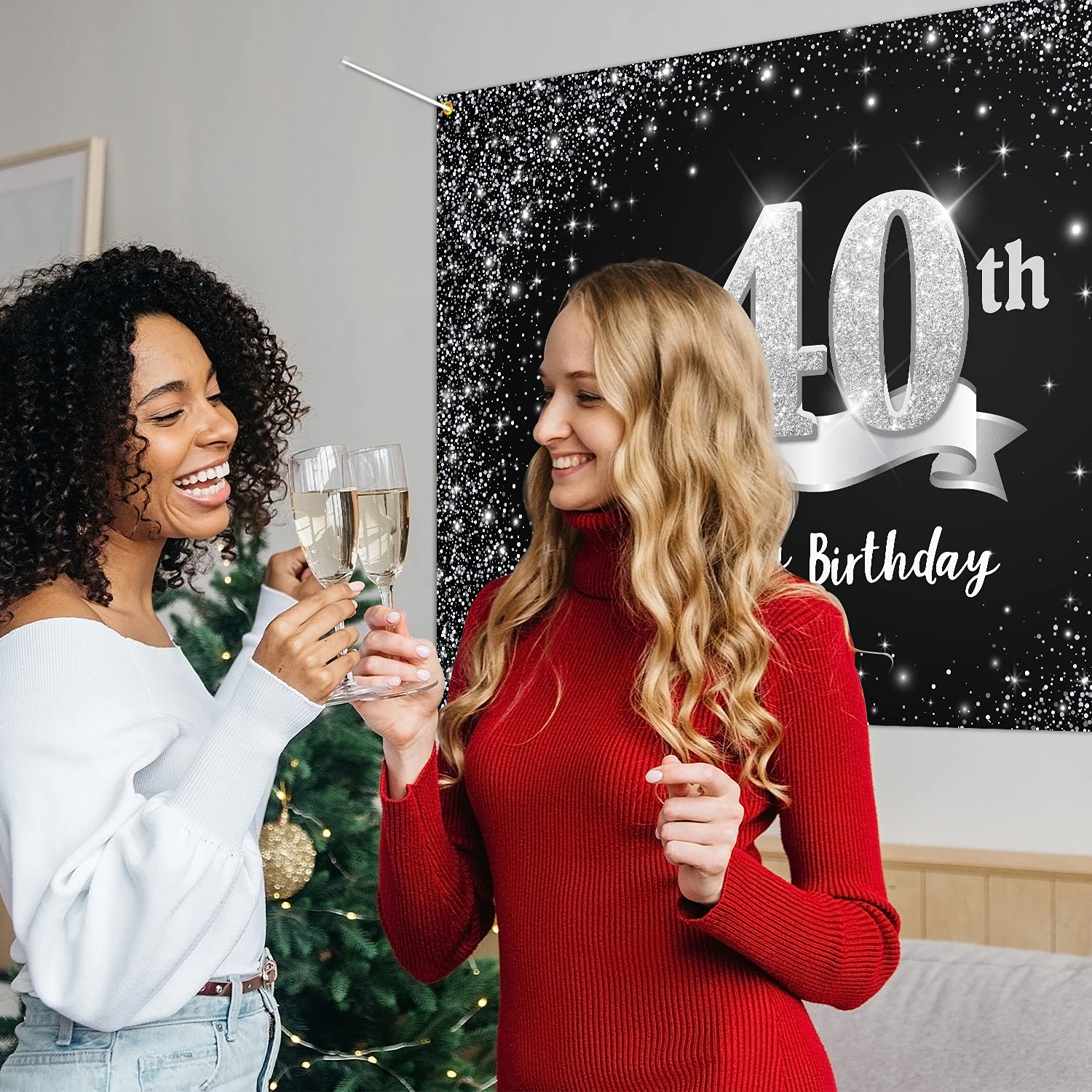 Festone Per 40° Compleanno Hamigar, 1,8x1,2 M, Nero E Argento, Con Nastro E Occhielli, Decorazione Per Festa Uomo O Donna