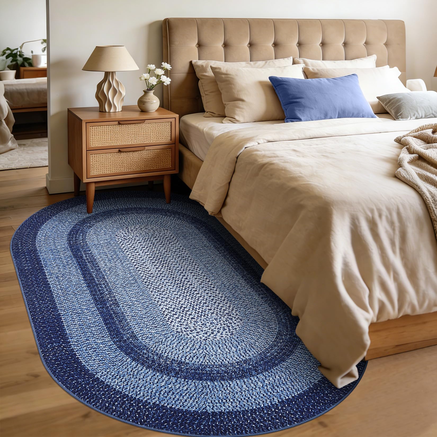 5x8 Oval Living Room Area Rug Washable Modern Border Bedroom Bedside Area Rugs Non Slip Low Pile Dining Room Oval Throw Carpet Contemporary Rugs for