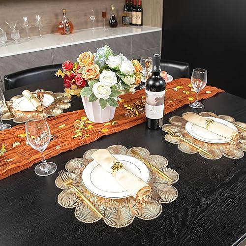 Miniatura 6 de Crisjanggo Juego de 6 manteles individuales redondos de vinilo con flores huecas, impermeables, decorativos, redondos, para mesas de cocina,