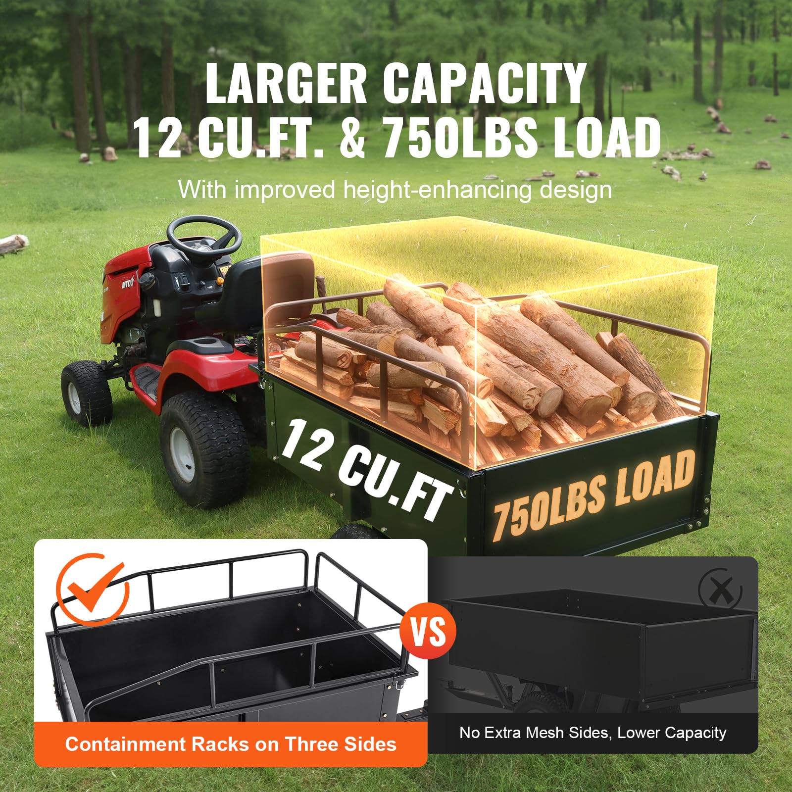 VEVOR Remorque à Benne Basculante Capacité de Charge 340 kg Remorque Utilitaire de Jardin Robuste avec Côtés Amovibles Chariot de Transport à Déversement 0,34 m³​ pour Tracteur, Tondeuse à Gazon, VTT