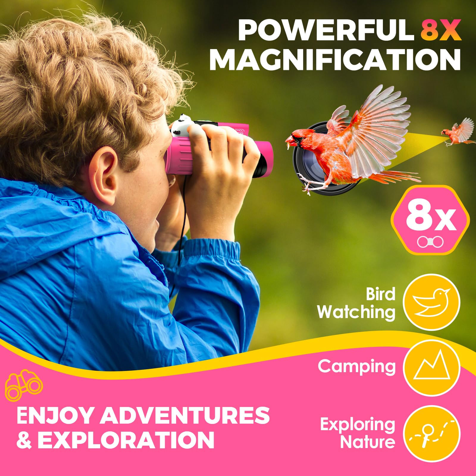 Binocolo Bambini 8x21 Ottica reale ad alta risoluzione, con lente d'ingrandimento e bussola fischietto, binocolo per bambini da 3 a 12 anni, ragazzi e ragazze, escursioni, viaggi