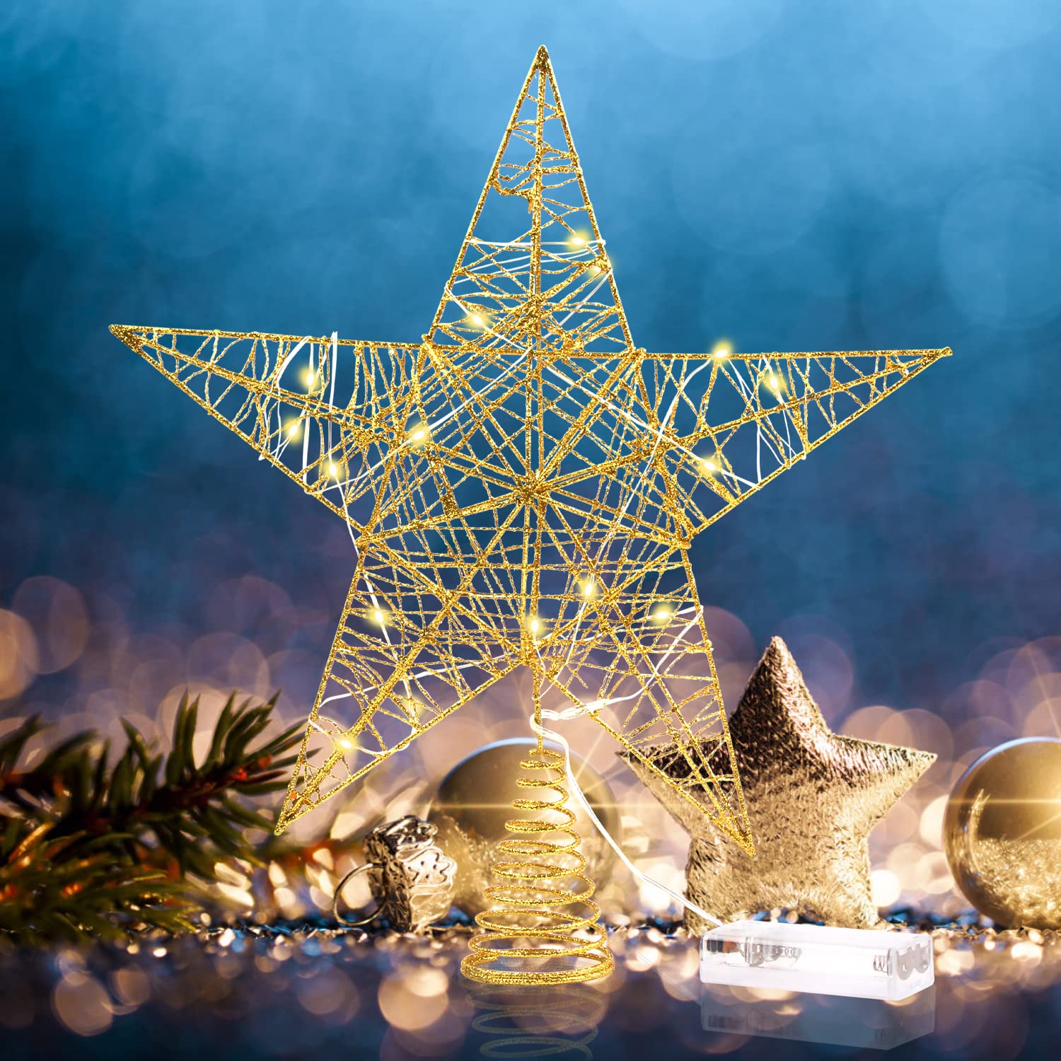 DERAYEE Christmas Tree Star Topper, Gold Xmas Tree Glittered Tree-top Battery Powered Lights for Party Home Decoration