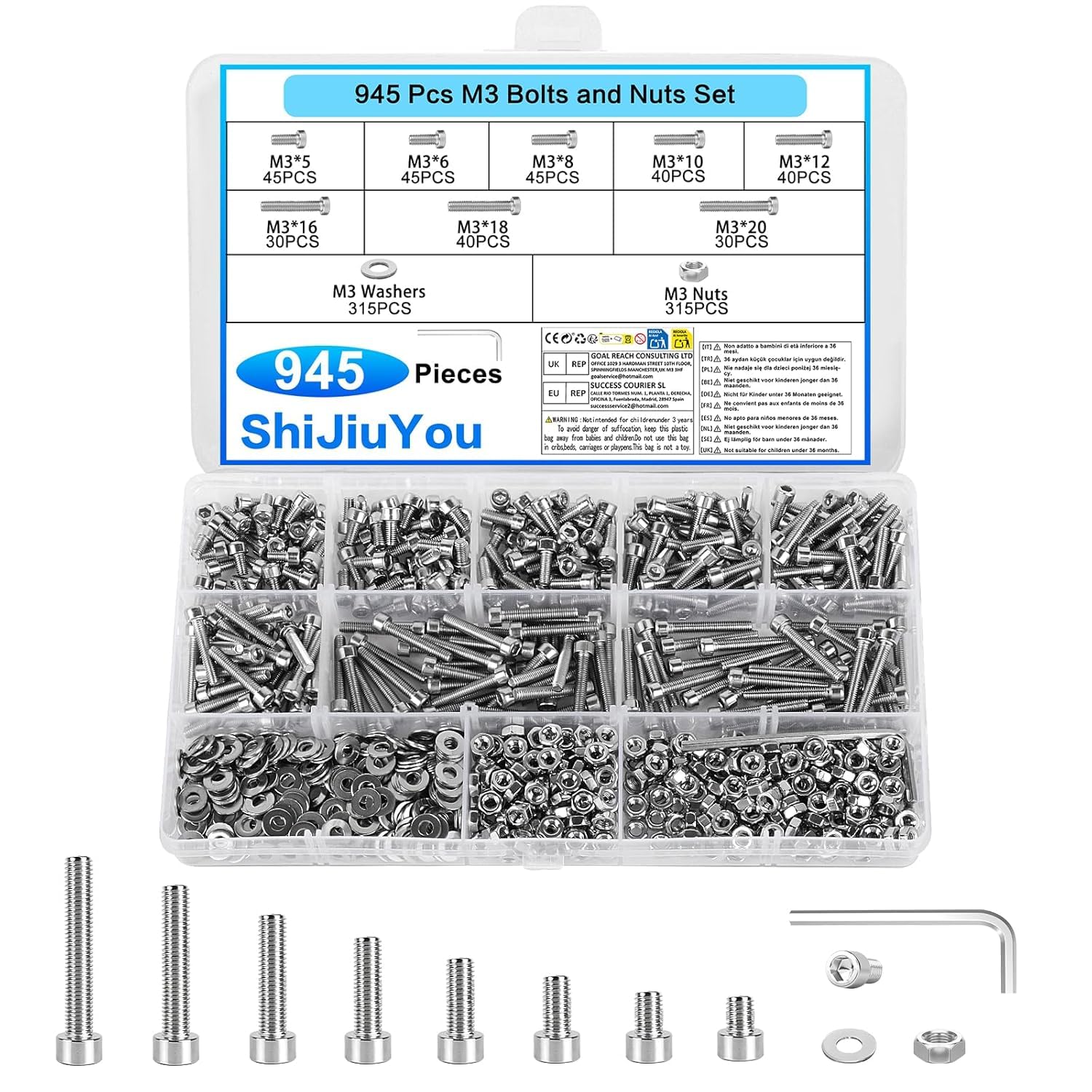 945 x M3 Stainless Steel Screws Set with Hex Wrench
