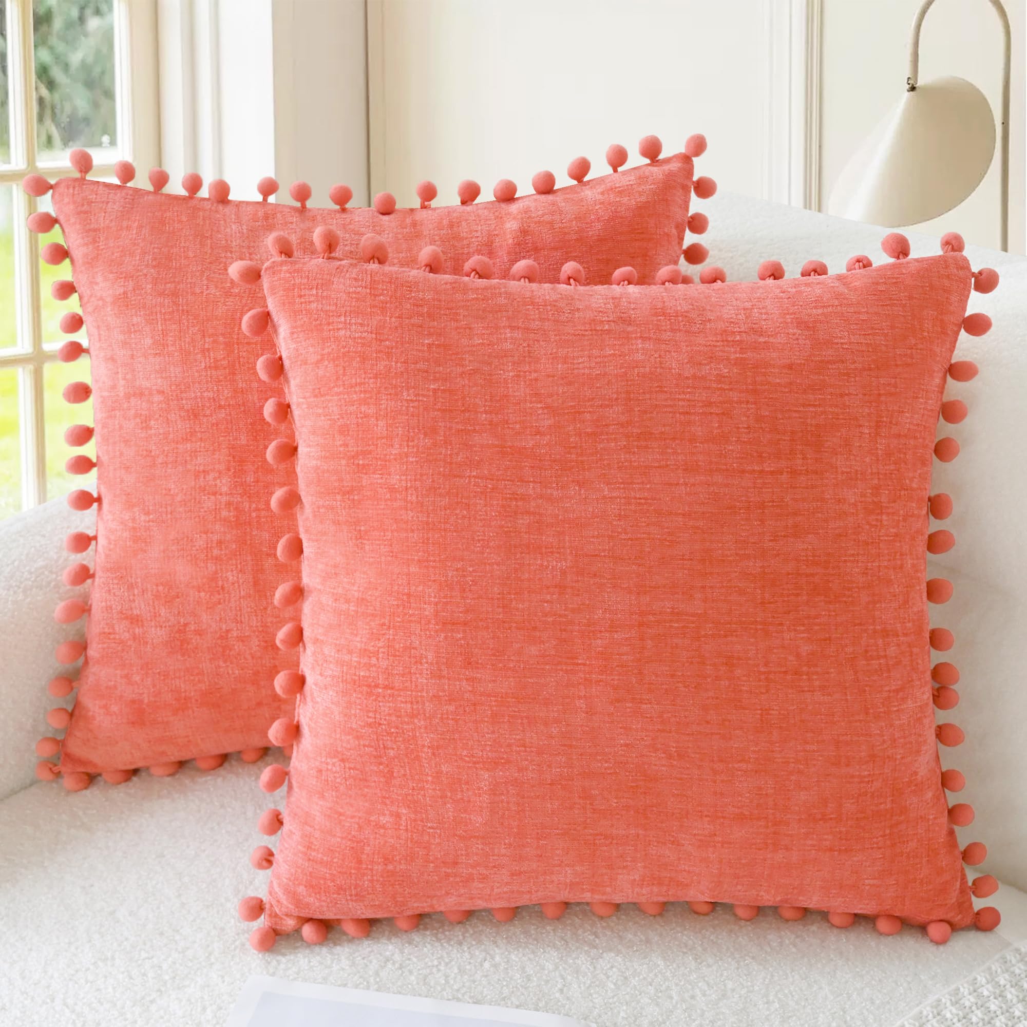CaliTime Throw Pillow Cases Pack of 2 Cozy Solid Dyed Soft Chenille Cushion Covers with Pom Poms for Couch Sofa Home Decoration 50cm x 50cm Living Coral โ image 1
